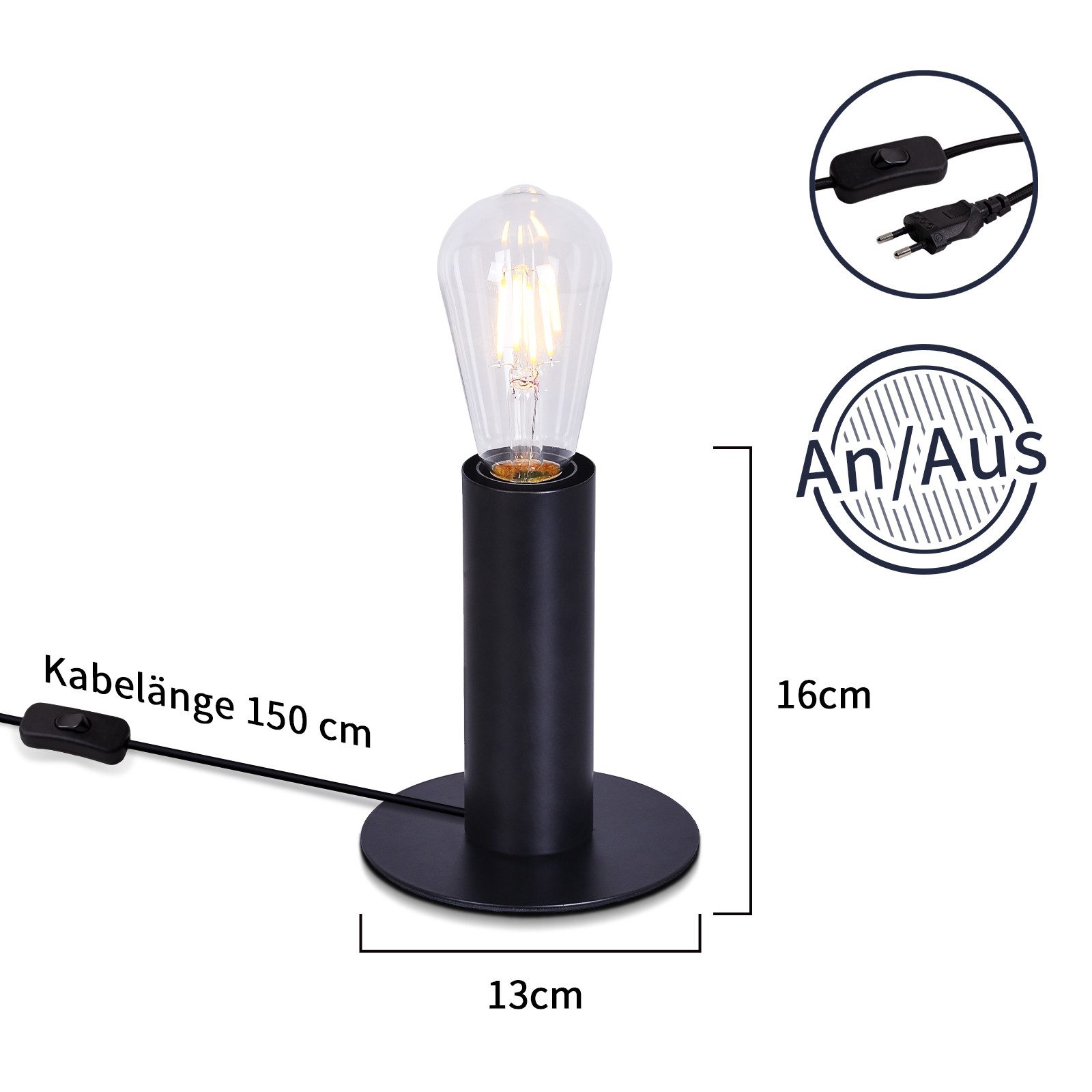 Nettlife Tischleuchte Schwarz Vintage E27 40W mit Stecker inkl. Schalter, ohne Leuchtmittel, Nachttischleuchte Industrial Retro für Schlafzimmer Wohnzimmer