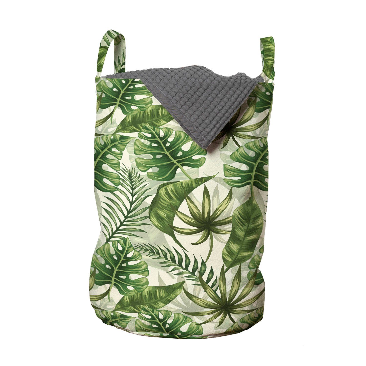 Abakuhaus Wäschesäckchen Wäschekorb mit Griffen Kordelzugverschluss für Waschsalons, Blätter Hawaii-Elemente in Grün