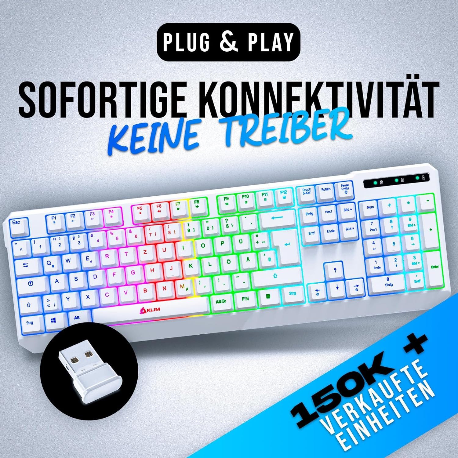 KLIM Chroma wireless Gaming, hintergrundbeleuchtete Tasten, Anti Ghosting Gaming-Tastatur (Deutsche Tastenbelegung, ergonomisch, wasserfest, keyboard)