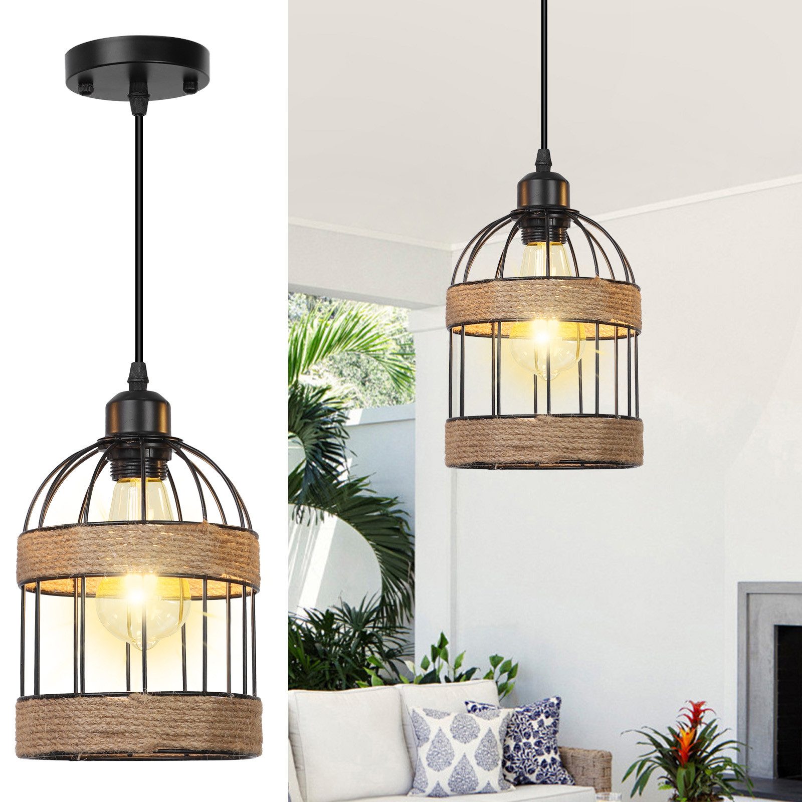 Rosnek LED Pendelleuchte 1-flammige Rattan Pendelleuchte, Boho Mini Kronleuchter, handgefertigt, Halogen, Farmhouse Hängelampe für Küche, Insel, Bar, Flur & Schlafzimmer