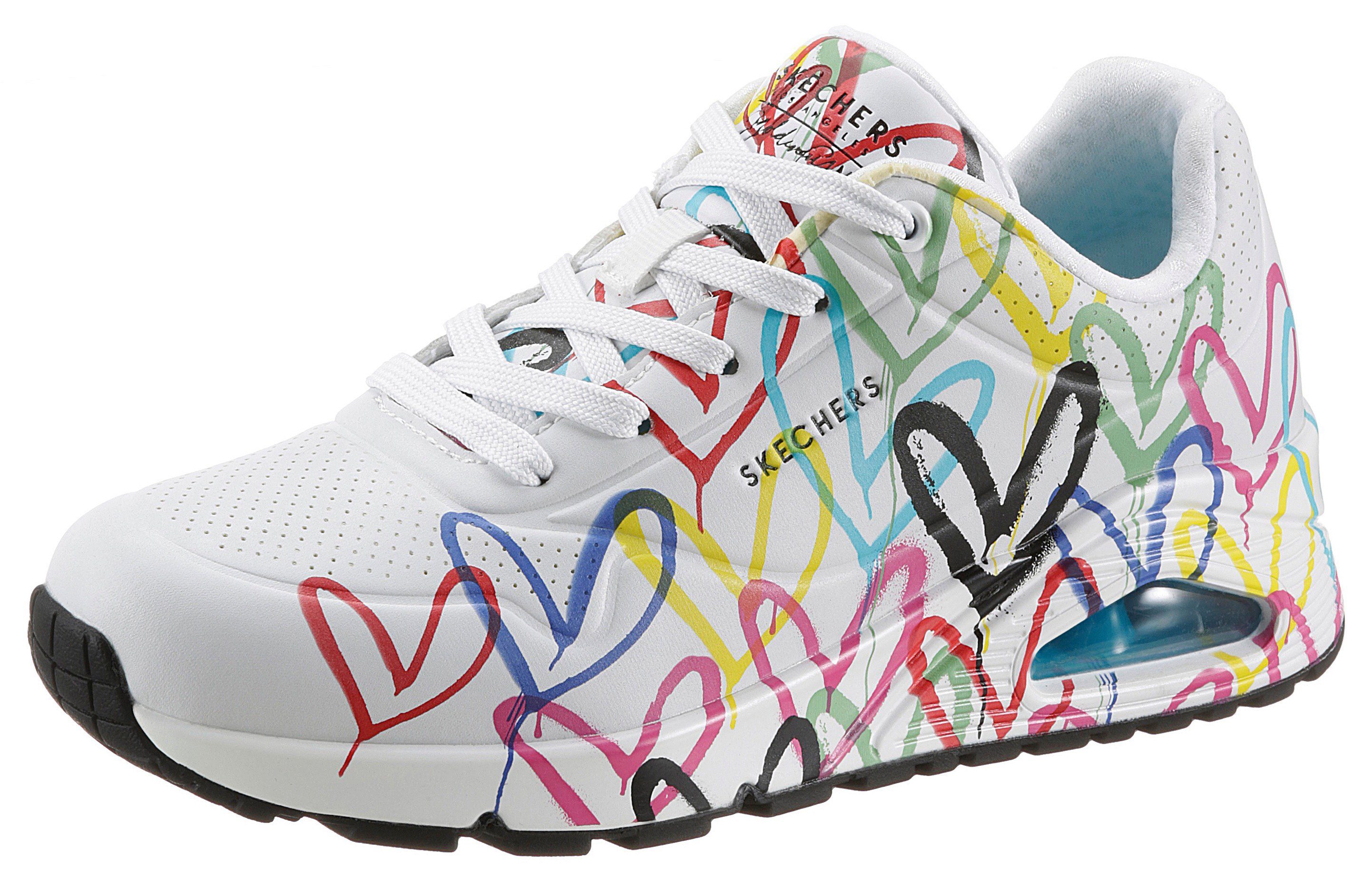 Skechers UNO-SPREAD THE LOVE Wedgesneaker mit auffälligem Graffiti-Print, Freizeitschuh, Halbschuh, Schnürschuh