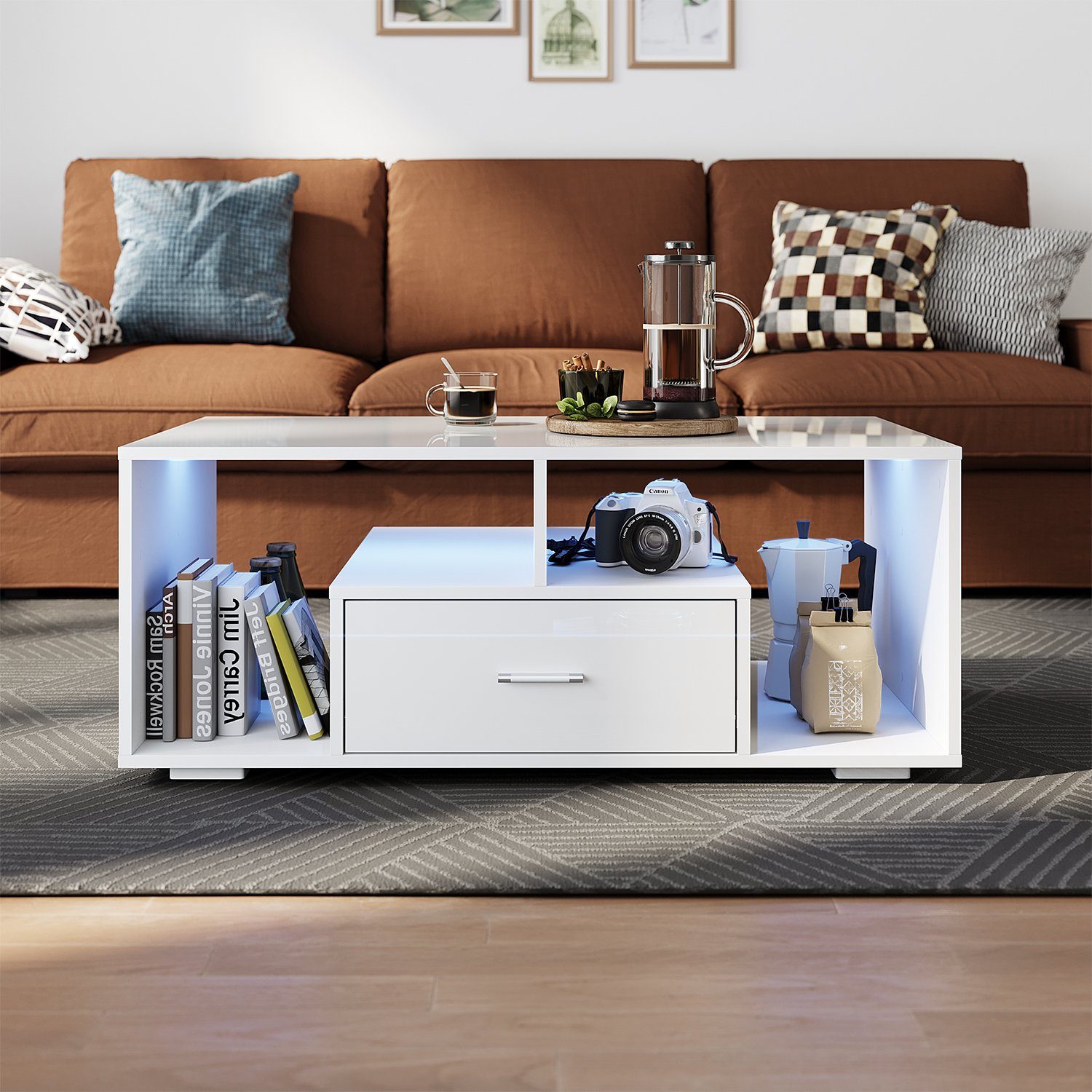 Schubladen und Couchtisch, 2 Ablagefächern offenen SONNI Design, 100x55x40cm, Sofatisch, weißhochglanz, Couchtisch modern Kaffeetisch,