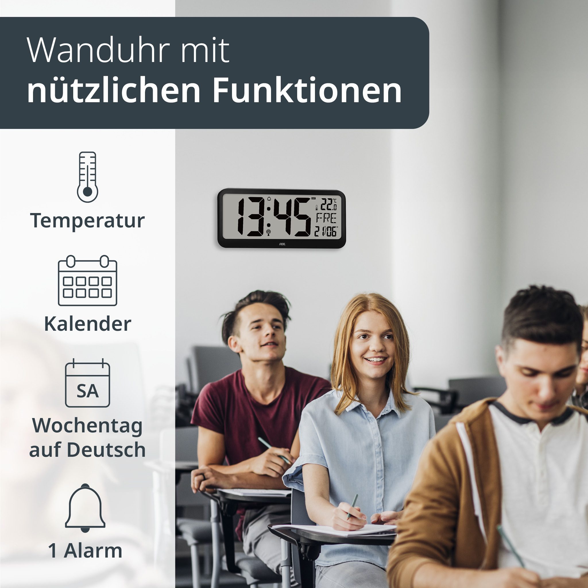 ADE Funkwanduhr Digitale Wanduhr XXL schwarz, zum Aufstellen, mit Alarm, mi günstig online kaufen