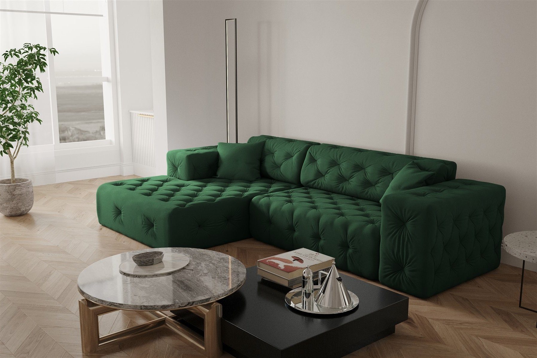 Fun Möbel Ecksofa Ecksofa Designersofa CHANTAL in Stoff Opera Velvet, mane Links oder Rechts, incl. 2 Zierkissen Grün