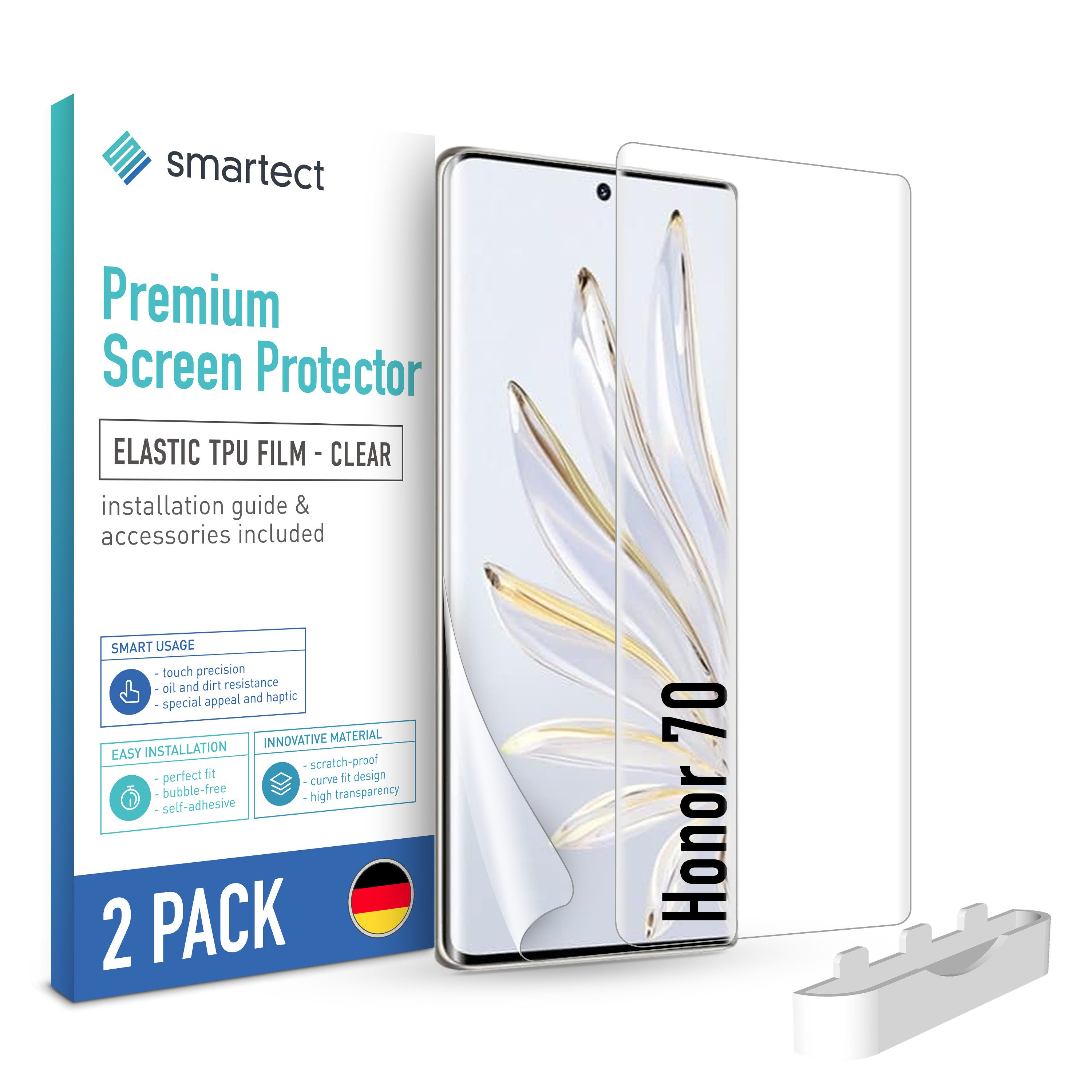 smartect Displayschutzfolie 2X TPU Schutzfolie Klar für Honor 70 für Honor 70, Set, 2 Stück, Ultra-klar, Kratzfest, Blasenfrei, Oleophob, Fingerabdruck kompatibel