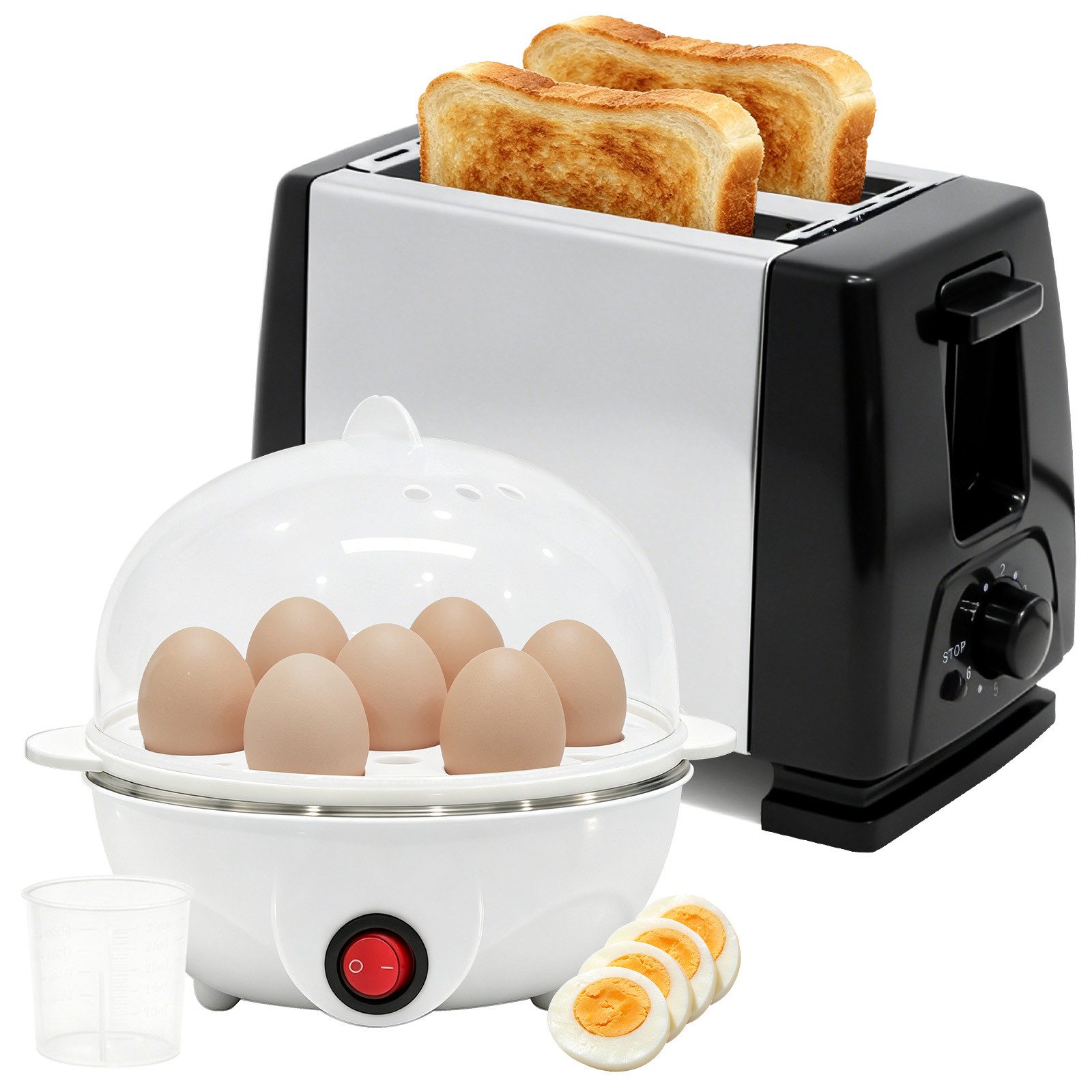 OZAVO Frühstücks-Set toaster 2 scheiben und Eierkocher für 1–7 Eier (2-tlg), 650 W für 2 Scheiben, Anzahl Eier: 7 St., 350 W, 3 Härtegrade
