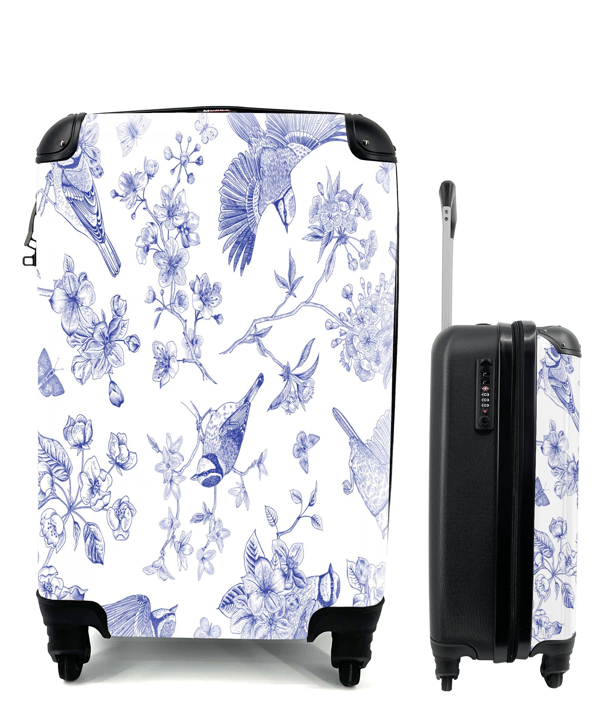 MuchoWow Handgepäckkoffer Reisetasche Reisekoffer Blumen Ferien, Vögel für Rollen, Blau, rollen, - Handgepäck mit 4 - Trolley