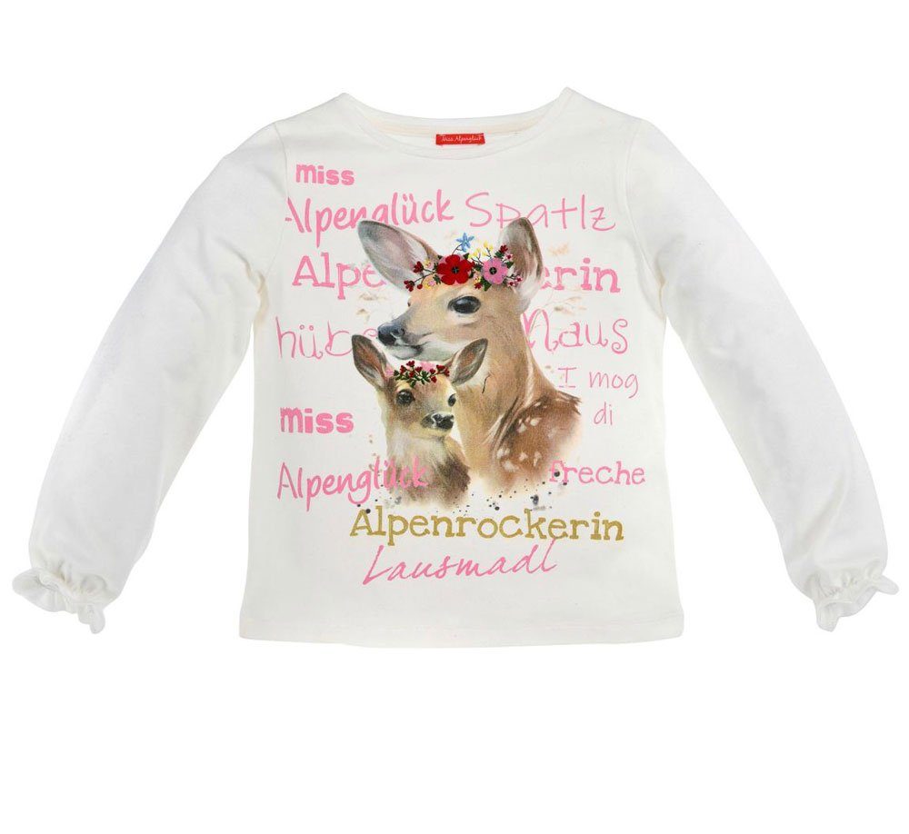 BONDI Langarmshirt Mädchen Kinder Pullover "Miss Alpenglück" mit Bambi Reh Motivdruck 26070 - Weiß Rosa