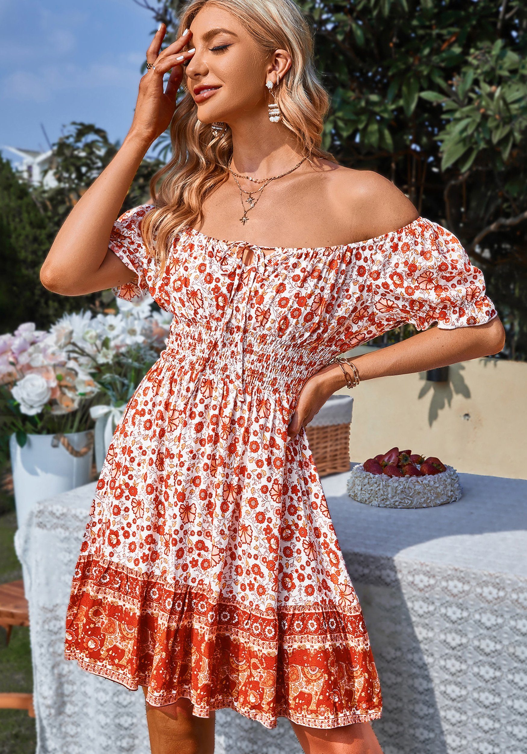 MAGICSHE Strandkleid »Sommer Boho schulterfreies kurzes Kleid«  Blumenmuster, kurzer Rüschenärmel, Brustschnürung, Elastische Taille