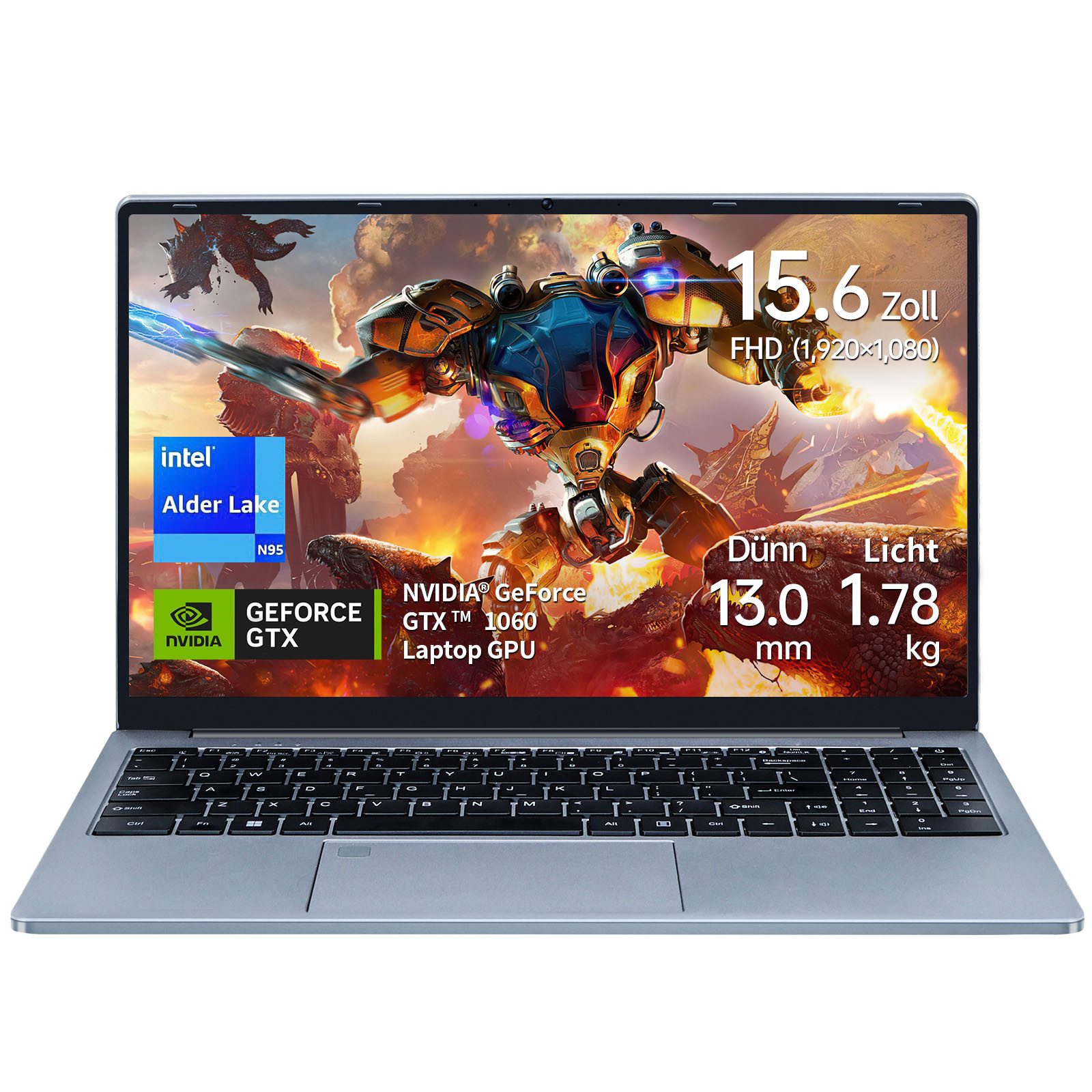 LONGEVINCE Multifunktions-Laptop mit 15,6" Display, 16GB RAM, 476GB SSD Notebook (39,62 cm/15,6 Zoll, Intel Intel Alder Lake N95, NVIDIA GeForce GTX 10, 476 GB SSD, NVIDIA GTX 1060, Hintergrundbeleuchtete Tastatur & Touch ID)