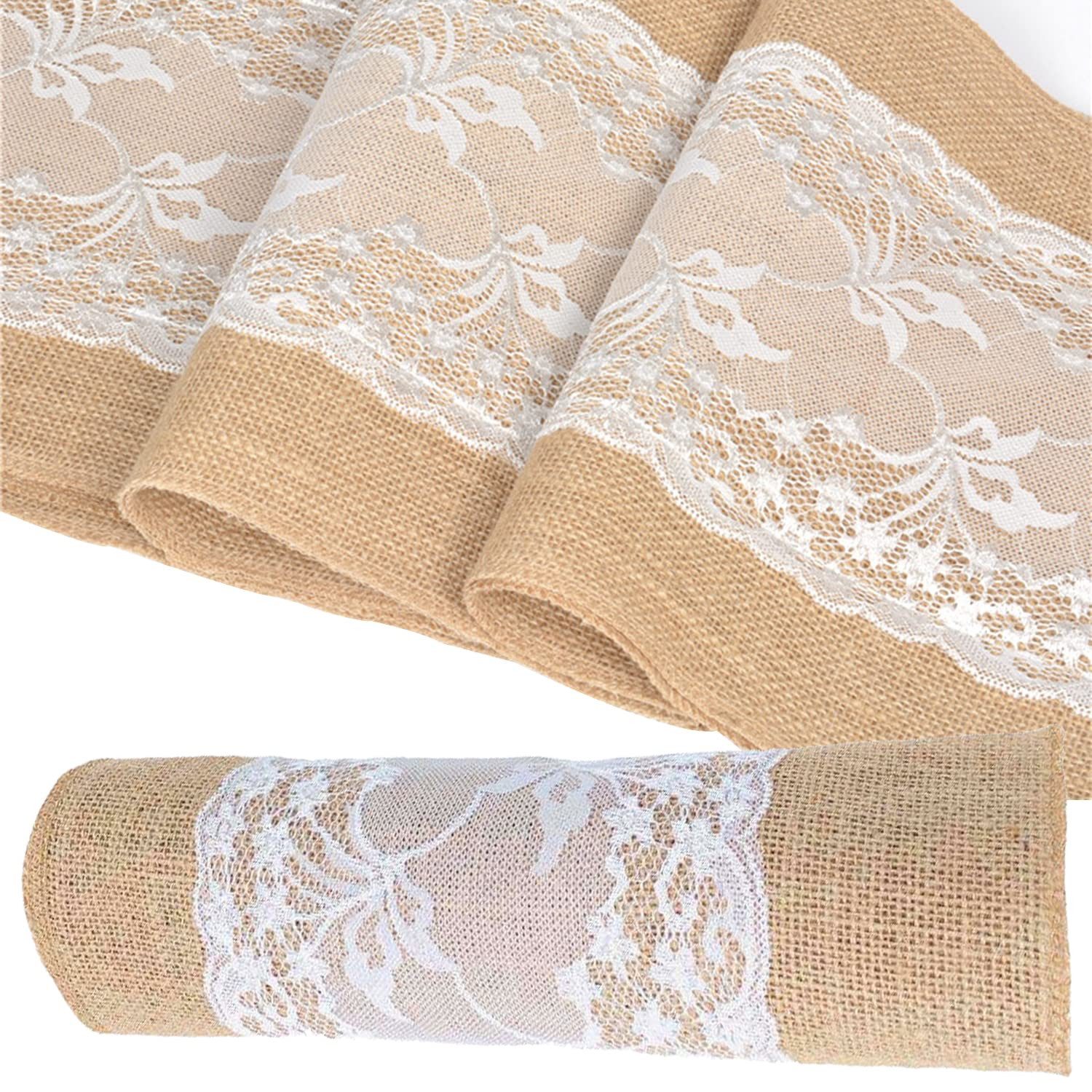 FOUORTUNATE-BEE Tischläufer 2 Stück Jute-Tischläufer, Vintage-Tischläufer mit Spitze (für Hochzeit, Feste, Partys, Veranstaltungen und Tischdekoration 2-tlg)