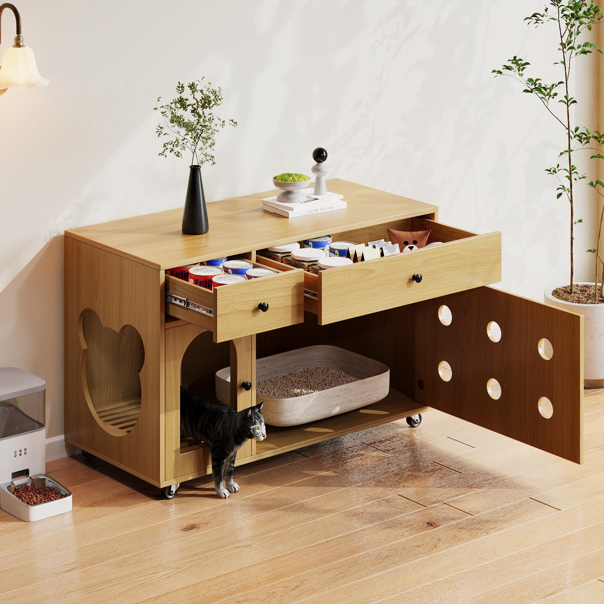 Flieks Mehrzweckschrank bewegliche Katzenkloschrank mit abnehmbarer Sandablassplatten (100×45×66 cm, 1-St) Katzenschrank mit Rollen und Schubladen Sideboard Holzschrank Natur
