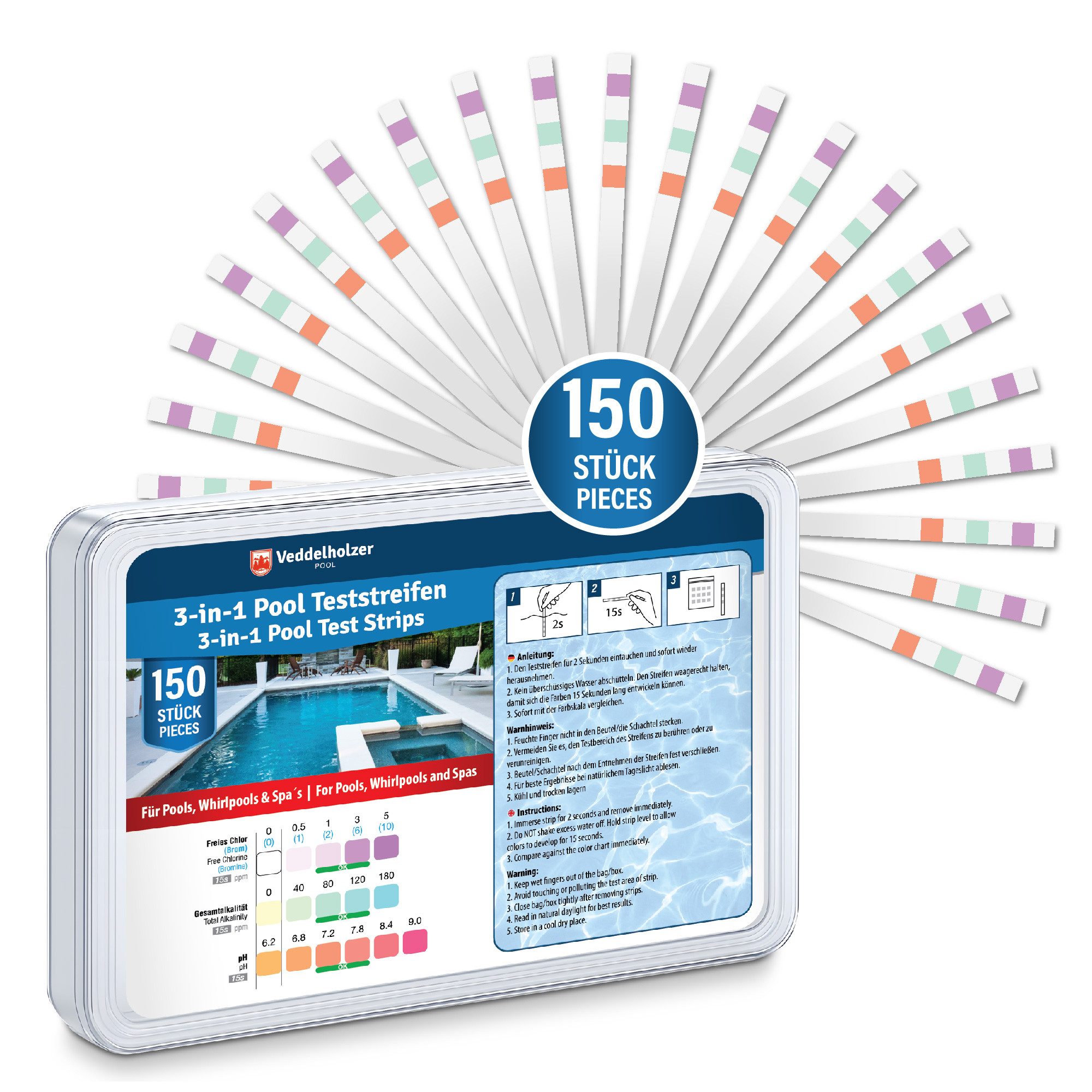 Veddelholzer Pool-Wassertest 3 in 1 Pool Teststreifen pH-Wert Freies Chlor & Alkalinität messen, Schnelle Wasseranalyse für Pool, Whirlpool & Spa, 150-tlg., 150 Teststreifen