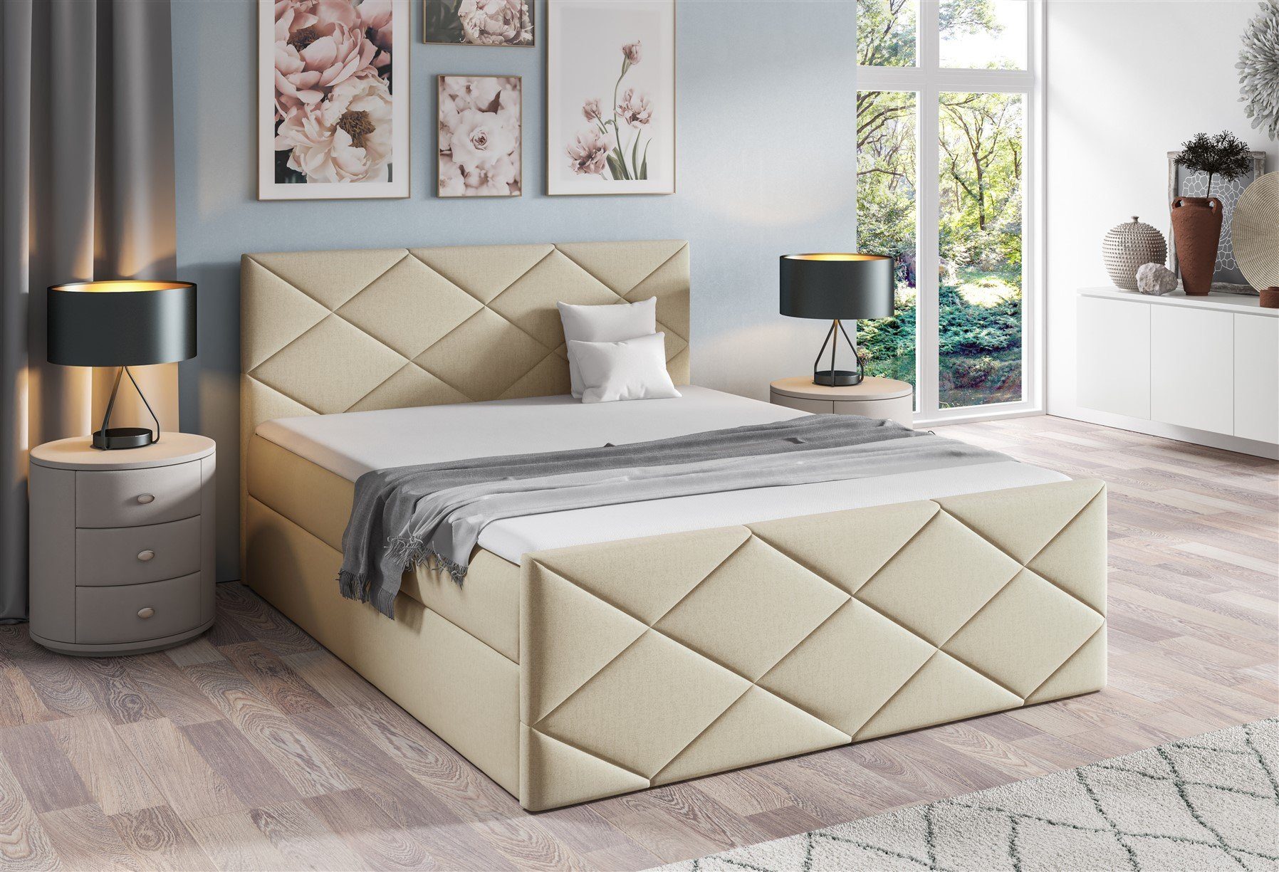 Fun Möbel Boxbett Schlafzimmerbett KOSMOS in Stoff inkl. Bettkasten (inkl. Kaltschaumtopper), gepolstertes Fußteil