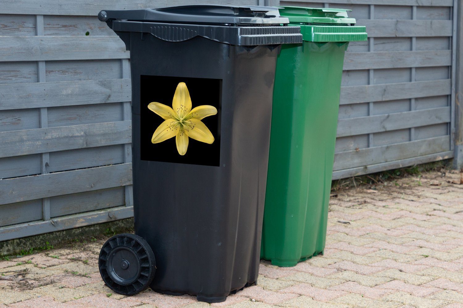 gelbe schwarzem MuchoWow Mülleimer-aufkleber, auf Lilienblüte Abfalbehälter Mülltonne, (1 Eine Container, Wandsticker Sticker, Hintergrund St),