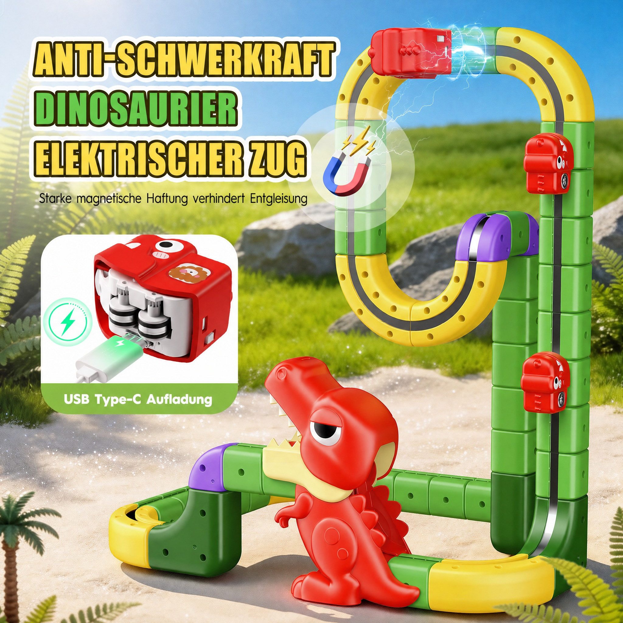 Wootoy Spielzeug-Eisenbahn Autorennbahn Spielzeug-Zug Zugbahn Set mit elektrischem Zug, (mit Loopings Steigungen Tunneln und weiteren Fahrelementen, 188-tlg., Zug mit 360°-Loopings Steigungen Seitenfahrten und Tunnelpassagen), Geschenk für Kinder mit Begeisterung für Fahrzeuge und Konstruktion