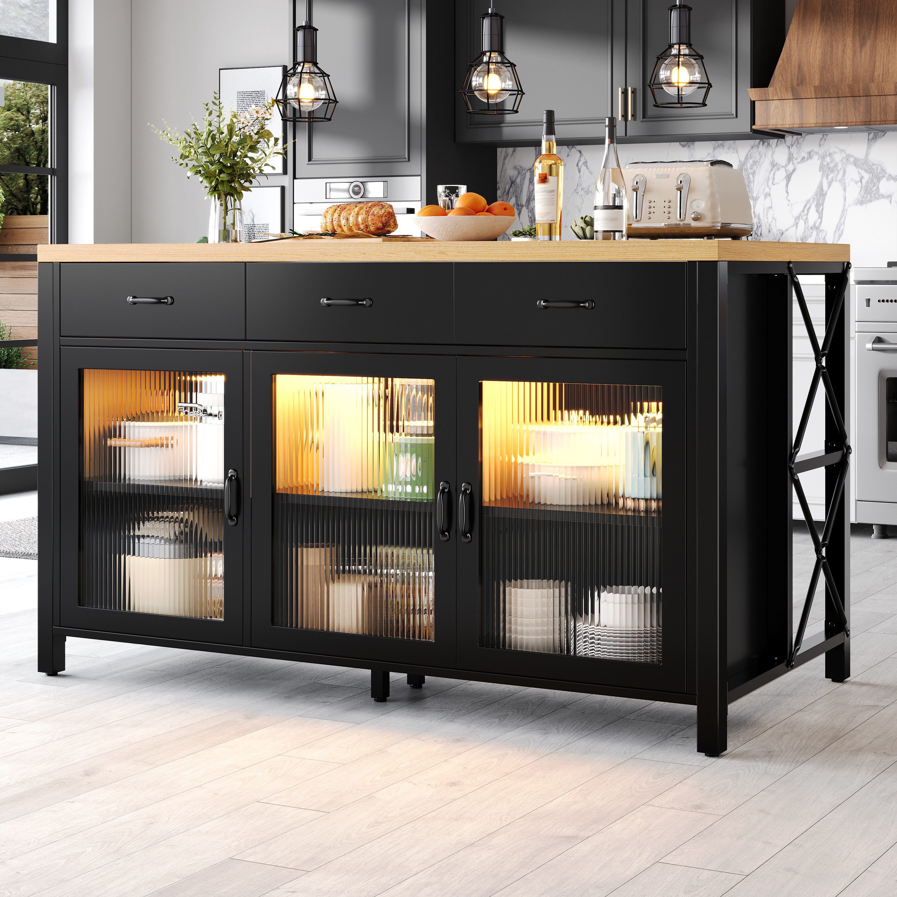 STILVORA Sideboard mit Verstellbare Füße Kücheninsel Küchenschrank mit Glastüren und LED (industriell, X-Rahmen, schwarz-natur, mit Glastüren, 150×80×90 cm, 3 Schubladen, 3 Glastüren, Holzplatte, belastbar), geriffelte Glastüren, LED-Beleuchtung, verstellbare Füße