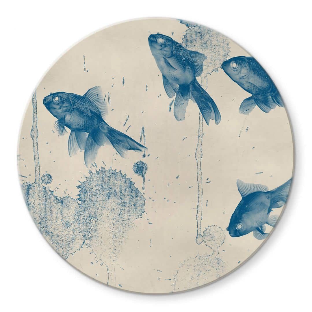 K&L Wall Art Gemälde Glas Wandbild Rund Glasbild Blaue Fische Badezimmer Ozean, Wandschutz Deko Bilder