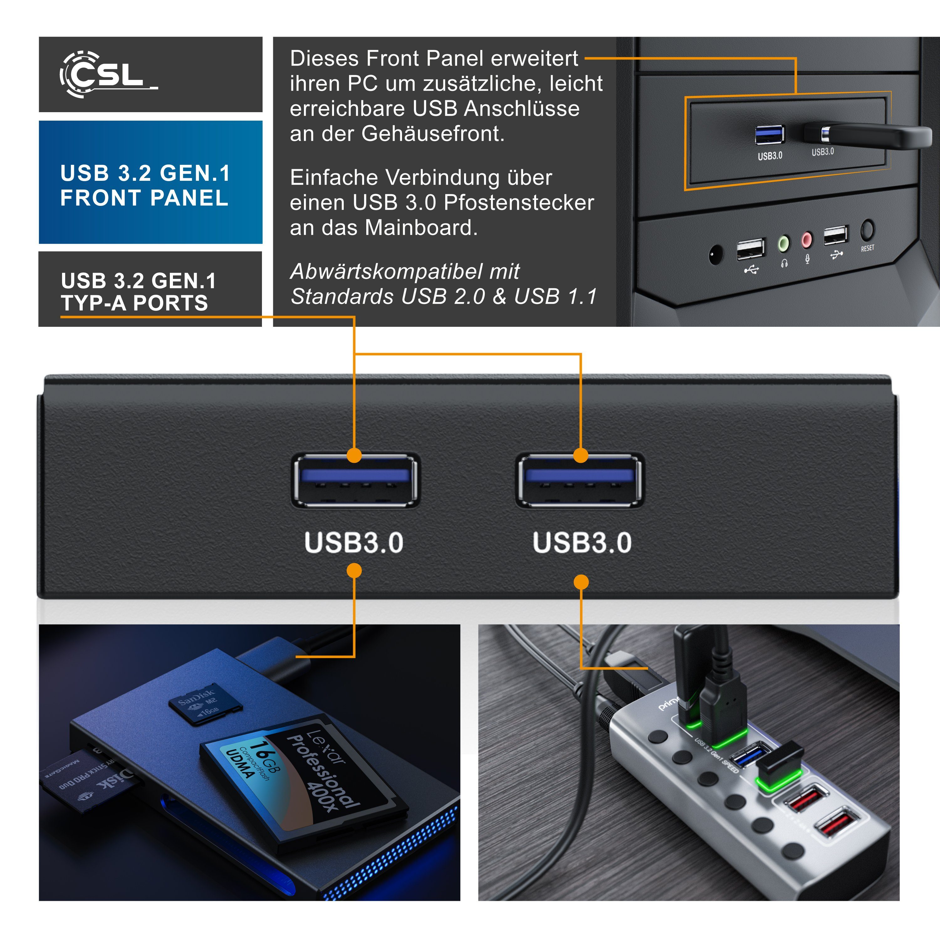 CSL USB-Adapter, 50 cm, 2-Port USB 3.0 Frontpanel für 3,5" Laufwerkschächte, bis zu 5Gb/s