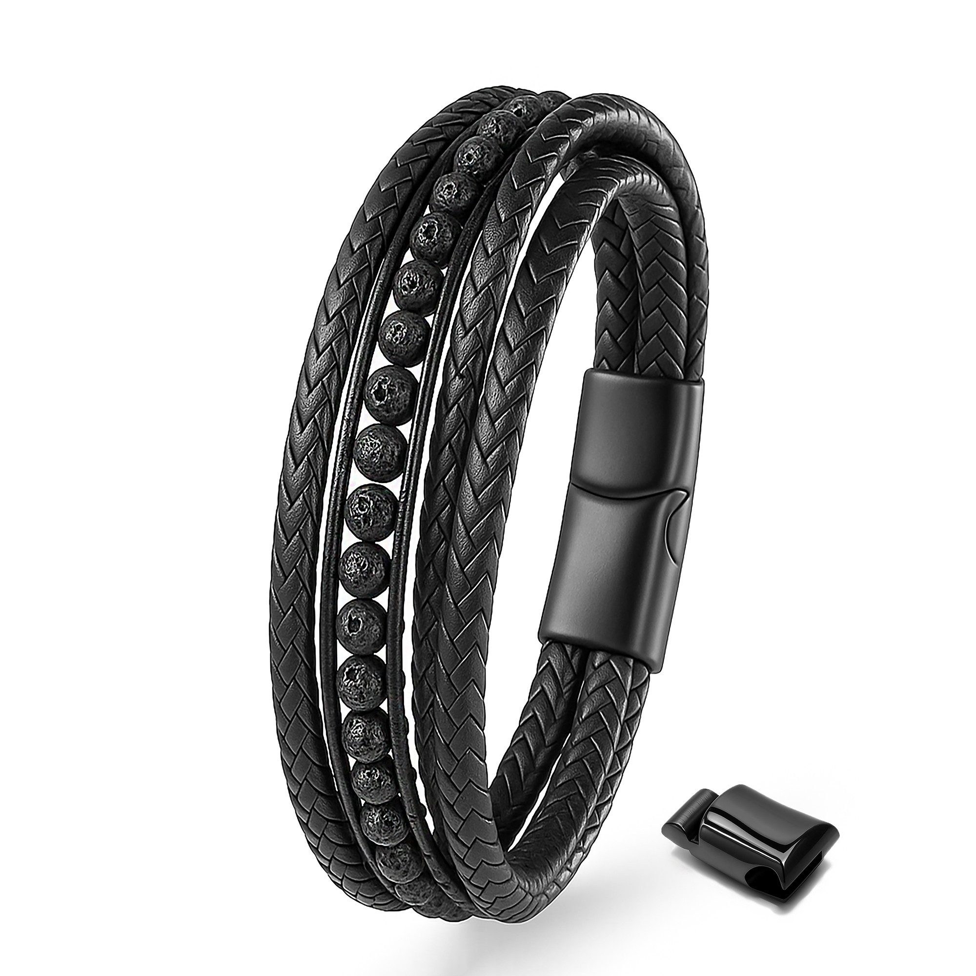 UNIQAL.de Lederarmband DELUXE – elegantes Unisex Natursteinarmband aus Echtleder (geflochten mit Magnetverschluss & Verlängerungsglied, edel, handgefertigt, hochwertig & perfekt als Geschenk), – deutsche Marke, registrierter Händler