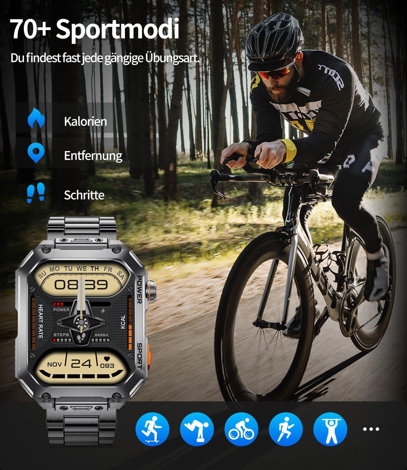 Lige ‎ EF2-I PRO Smartwatch (4,9 cm, android ios), Herren Outdoor Smartwatch 1.96 Zoll Display mit 100+ Sportmodi