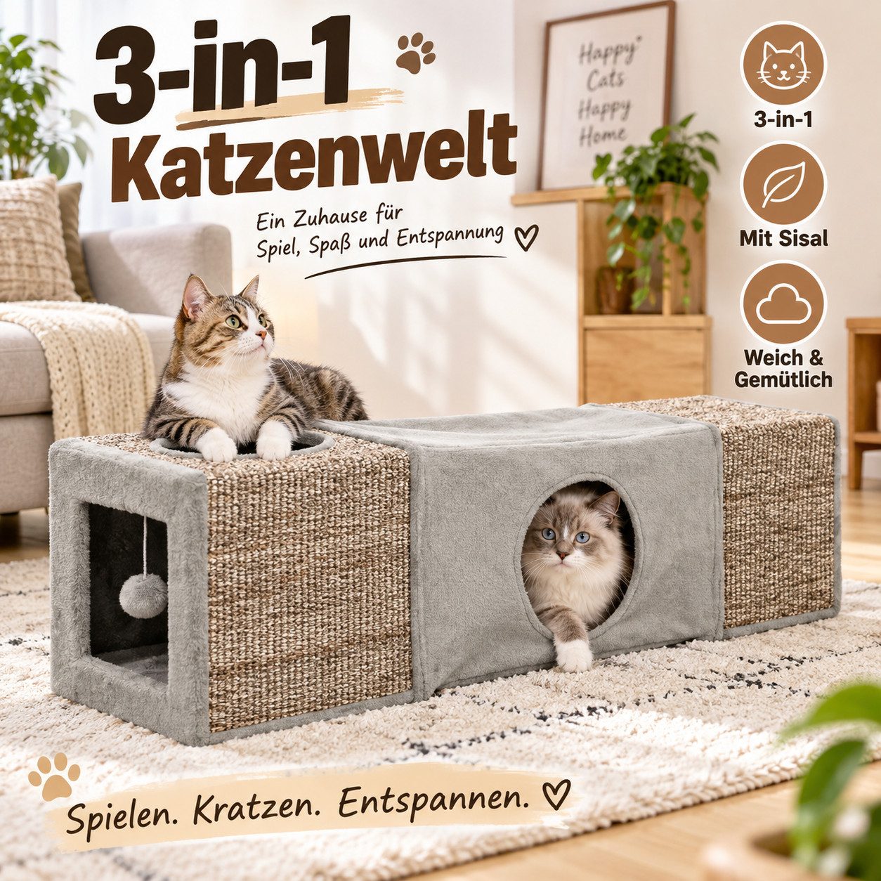 MIBODE Agility-Tunnel Katzentunnel mit Spielball, Sisal, faltbar, Braun-Grau, 98x30x30 cm, Faltbar, Kombiniertes Design von MIBODE