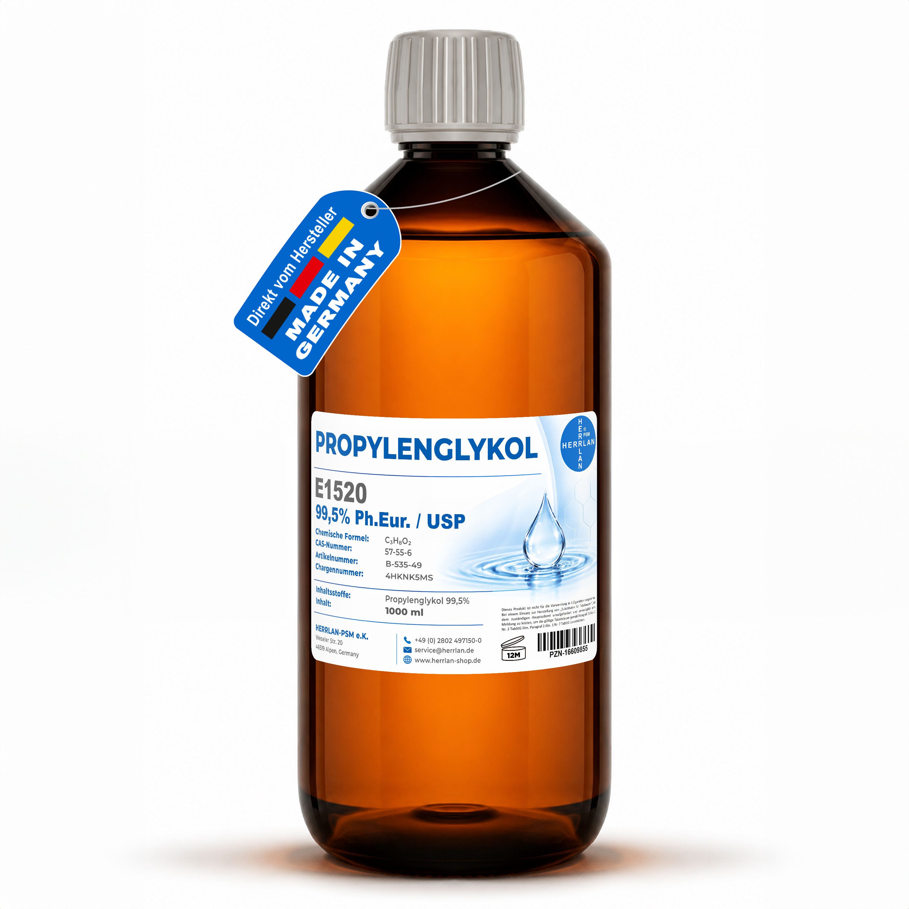 HERRLAN Trinkwasser-Frostschutz Propylenglykol E1520 - 99,5% - Pur PG zum Vorteilspreis, 1 l