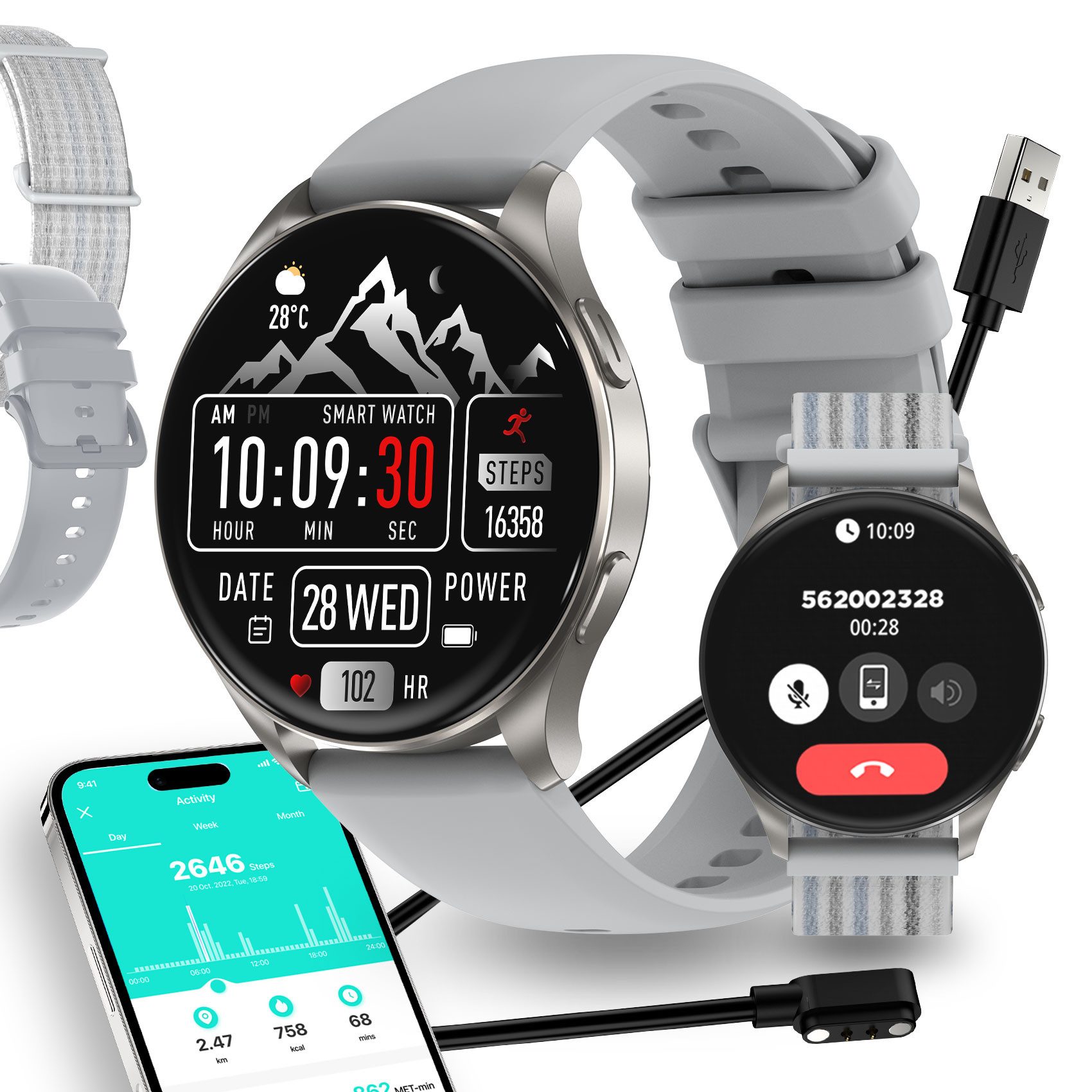 IOWODO Smartwatch Damen Herren Ultradünn, 5 Tage Akku,1,43" AMOLED, 2 Armband Smartwatch (1.43 Zoll, Android/IOS), 1-tlg., mit 120+ Sportmodi und Bluetooth-Anruf, WhatsApp Benachrichtigungen, SpO2,Herzfrequenz-und Schlafüberwachung,Schritten,Sprachassistent,IP68