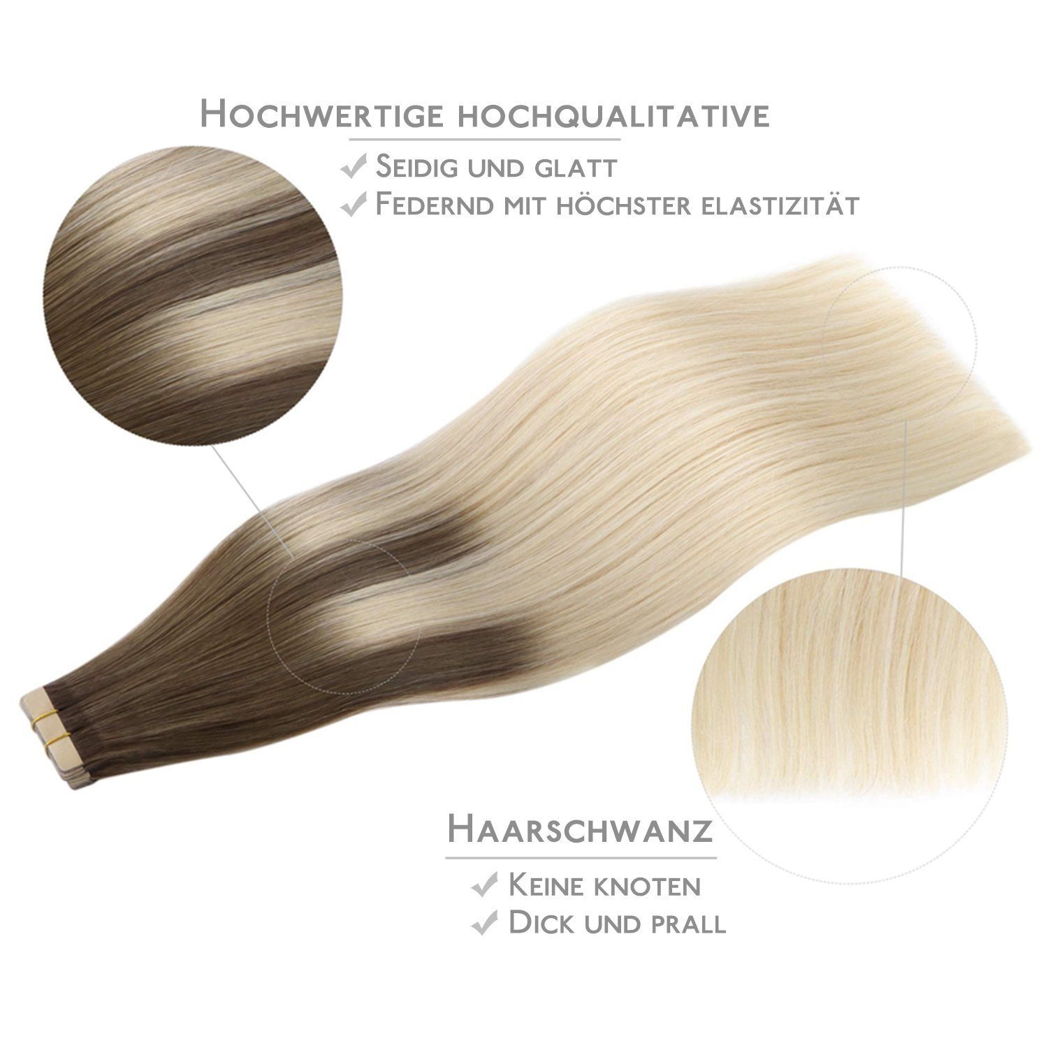 platinblond sandbraun Stück, bis Echthaar-Extensions, Wennalife Klebeband, Echthaar-Extension 20