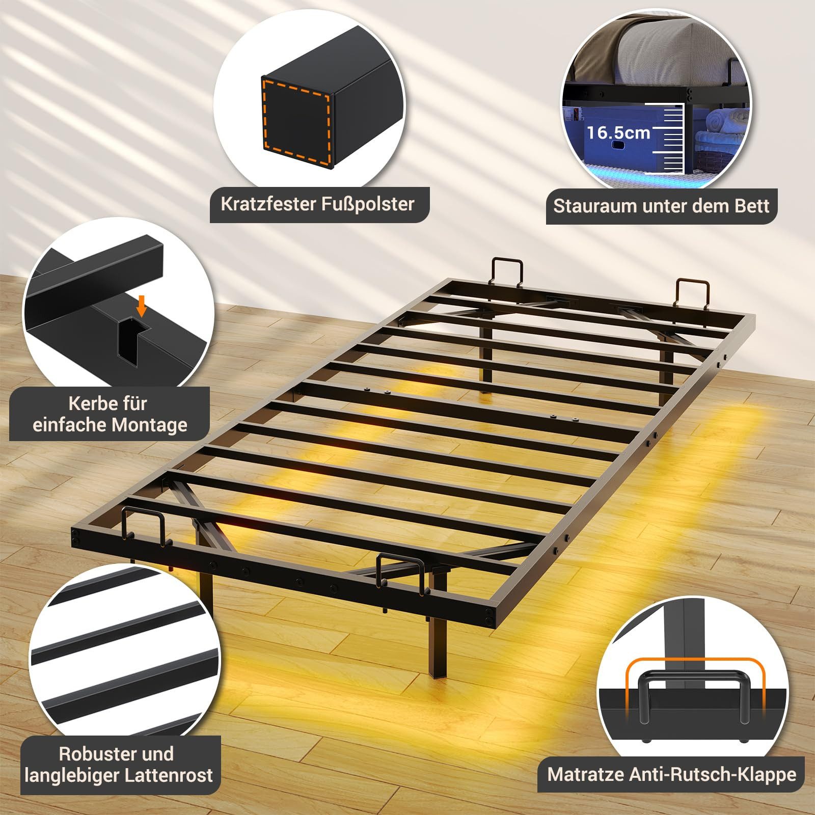 MSMASK Metallbett Schwebebett Bettgestell mit LED-Beleuchtung (Ohne Matratze), 90x200cm