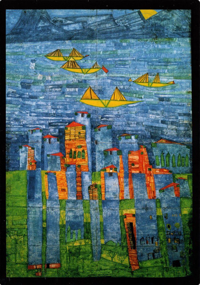 Postkarte Kunstkarte Hundertwasser "Gelbe Schiffe - Das Meer von Tunis und ..."