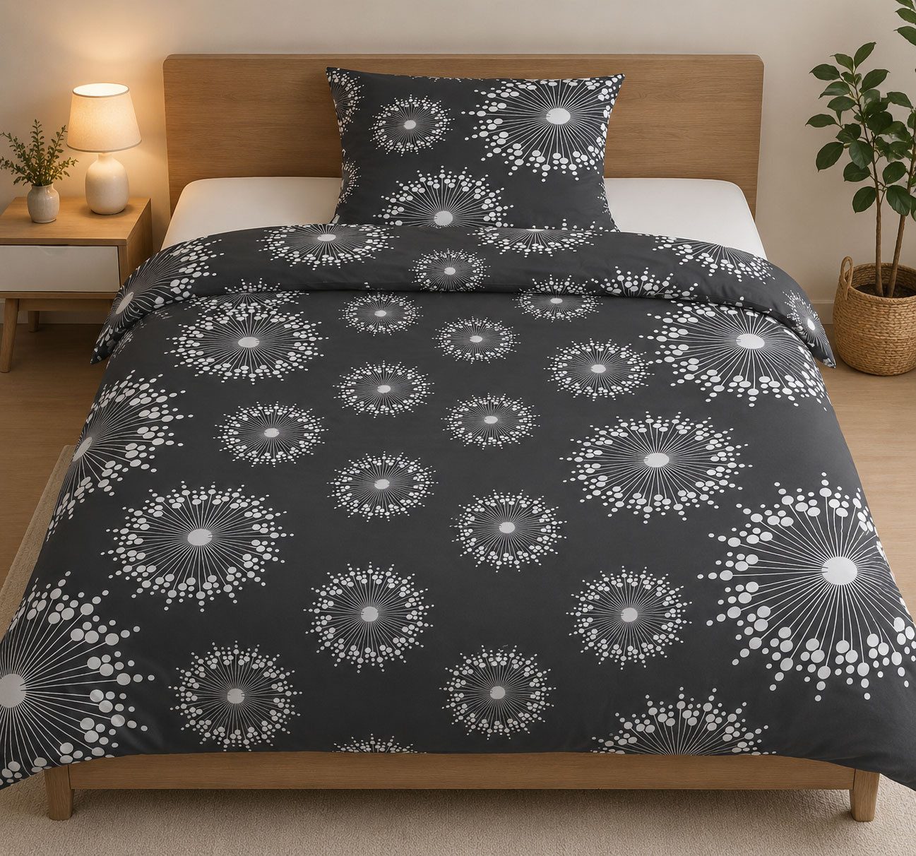 KH-Haushaltshandel Bettwäsche, bedruckt, Bettwäsche, 135x200cm, Bettbezug, schwarz, weiß, Kreise