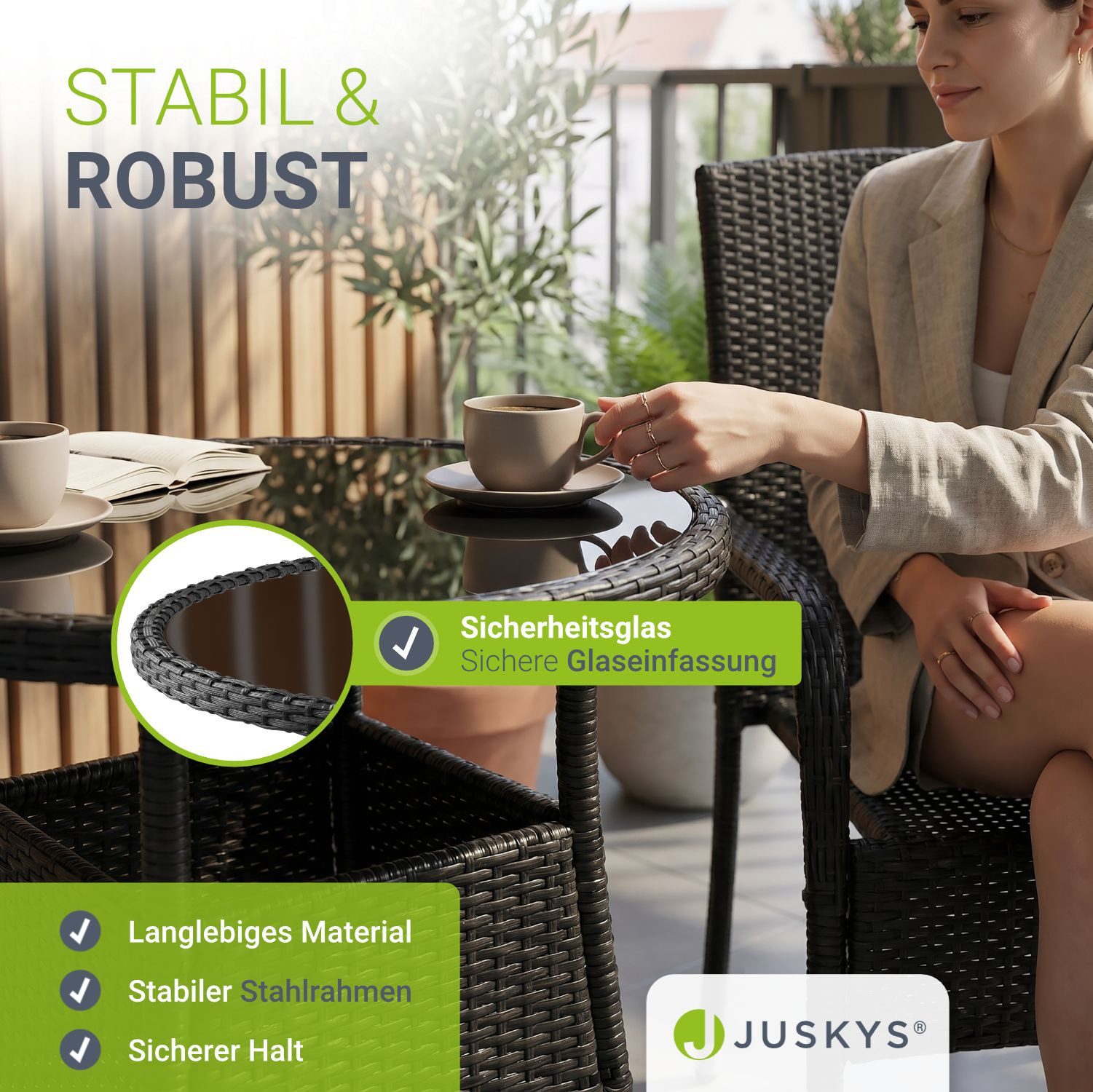 Juskys Gartentisch Yoro, rund, aus Polyrattan, wetterfest & langlebig, pflegeleicht