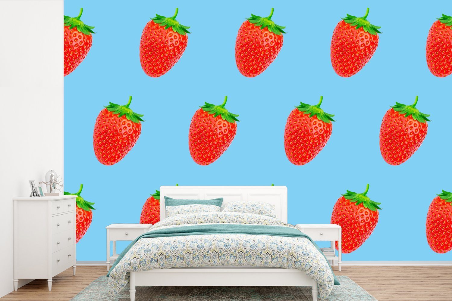 MuchoWow Fototapete Erdbeere - Muster - Sommer, Matt, bedruckt, (6 St), Wallpaper für Wohnzimmer, Schlafzimmer, Kinderzimmer, Vinyl Tapete