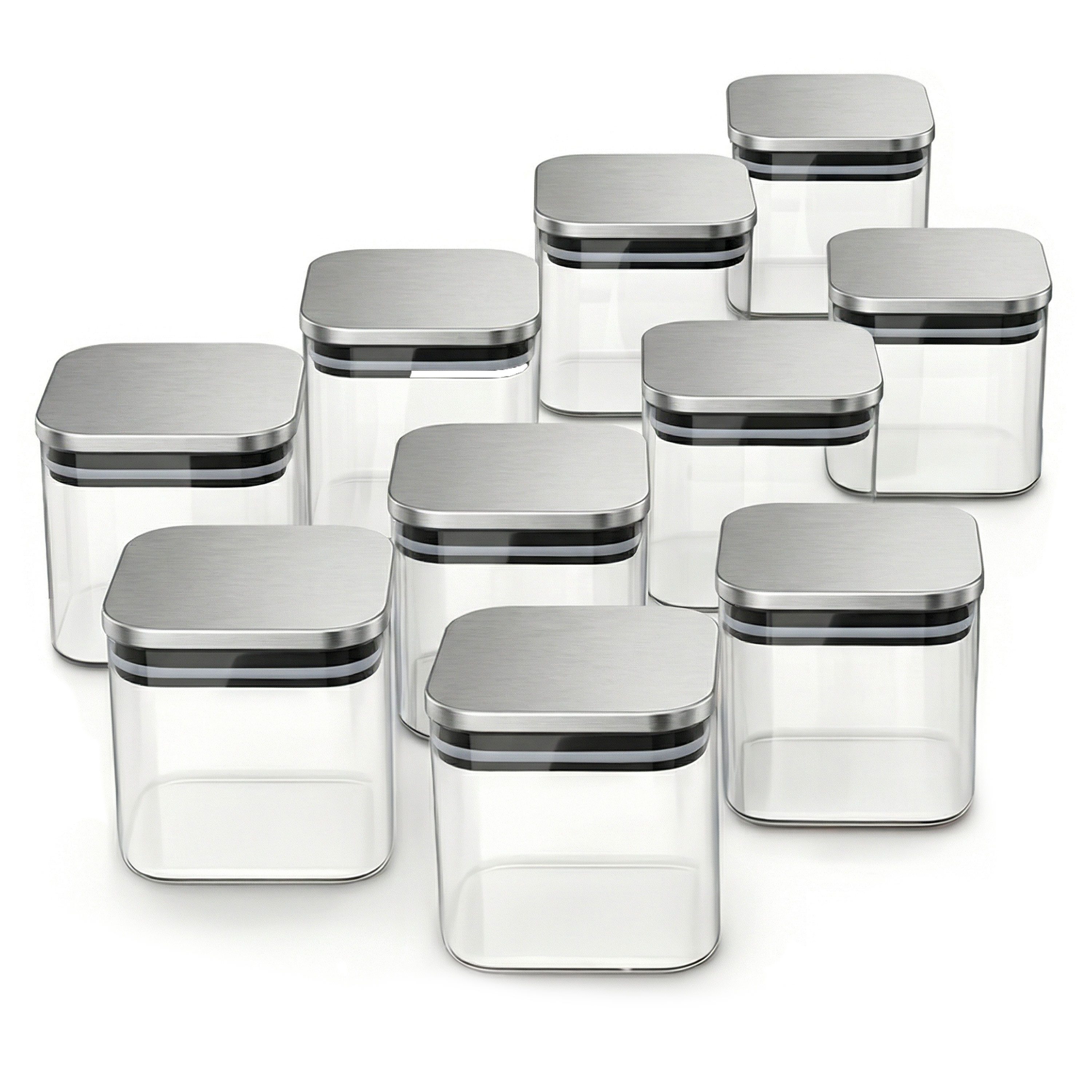 Arendo Aufbewahrungsbecher Glasbehälter-Set 10x 0,8 L Borosilikatglas mit Edelstahldeckel, Borosilikatglas, Edelstahl, Silikon, (Vorratsbehälter-Set, 10-tlg., 10er Set), Hitzebeständig, umweltfreundlich, langlebig, mikrowellengeeignet