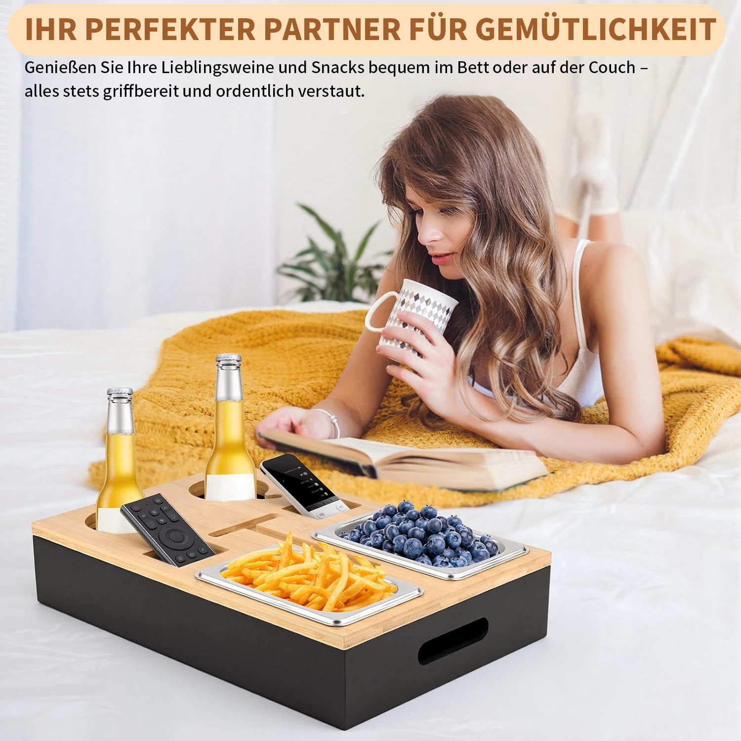 AIMAX Tabletttisch Couchbar Snackbox, Sofatablett für Snacks, Getränke & Fernbedienung, Mit 2 Snackschalen & 2 Getränkehaltern, Abnehmbarer Deckel für Sofa