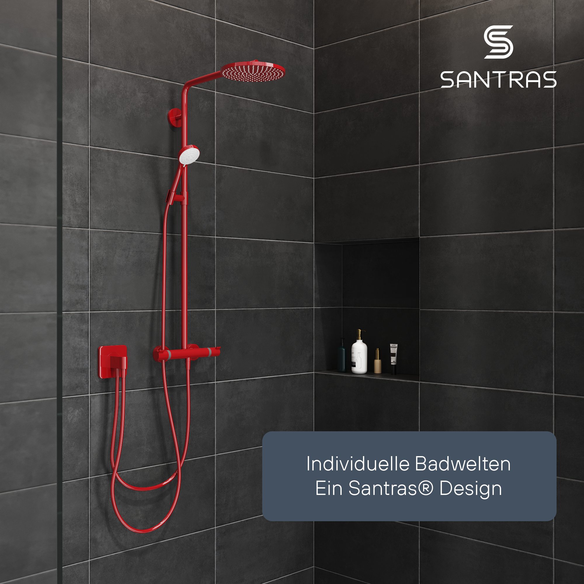 Santras Handbrause in Rot (RAL 3003) - dreifach verstellbarer Duschkopf mit Wassersparer – Bild 3 von 5