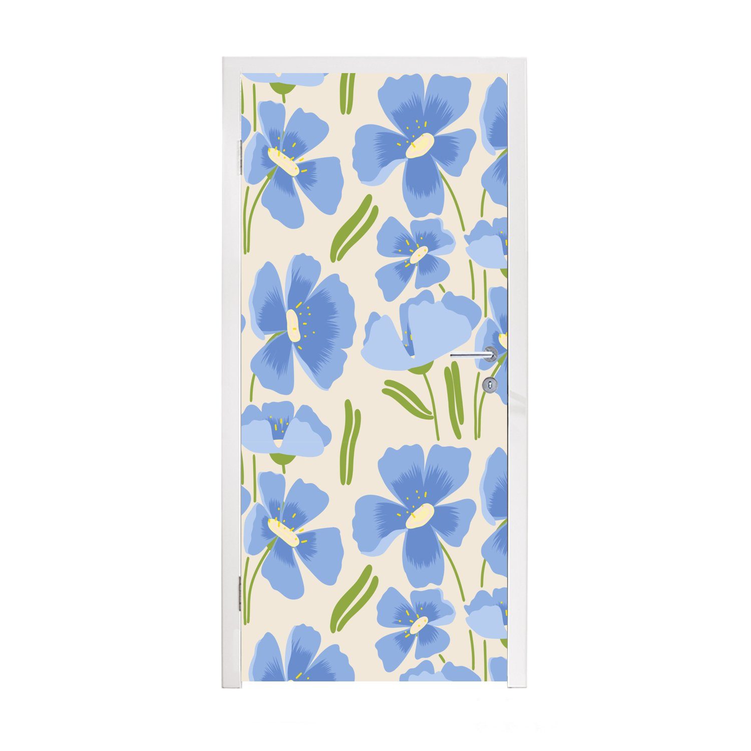 MuchoWow Türtapete Blume - Blau - Muster, Matt, bedruckt, (1 St), Fototapete für Tür, Türaufkleber, 75x205 cm