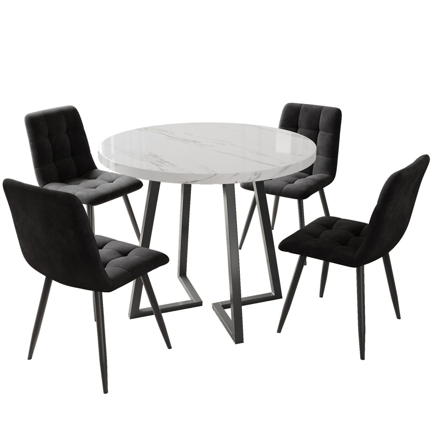 Flieks Essgruppe, (Sitzgruppe Set, Metallbeine, 5-tlg., 1 Tisch mit 4 Stühlen), runder Esstisch mit 4 Stühlen Set Küchetisch Esszimmerstuhl Samt