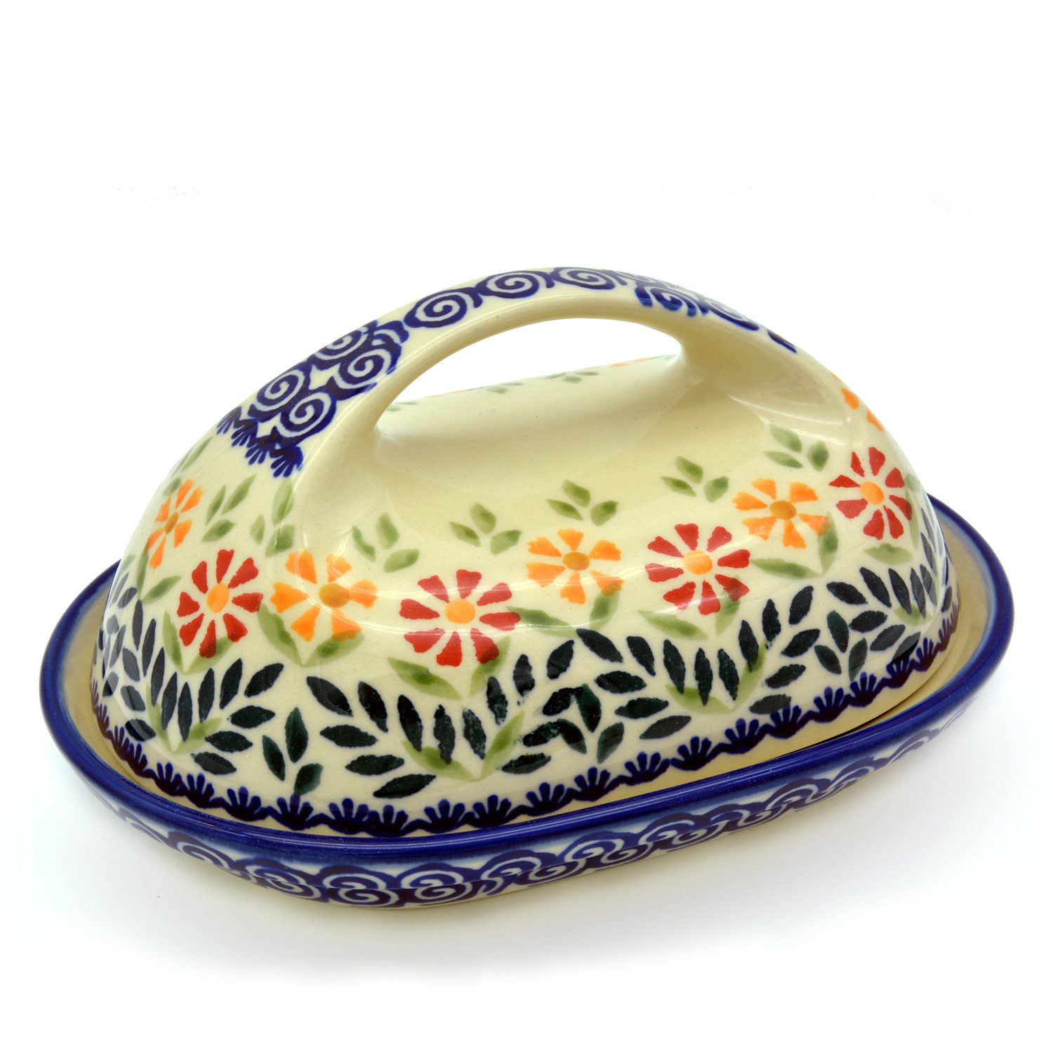 Bunzlauer Keramik Manufaktura Butterdose oval mit großem Griff