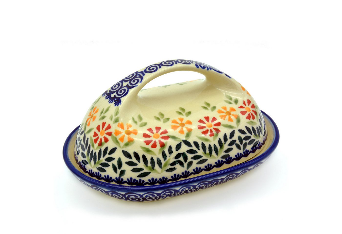 Bunzlauer Keramik Manufaktura Butterdose oval mit großem Griff, Unterteil und Deckel oval geformt, großer Griff.