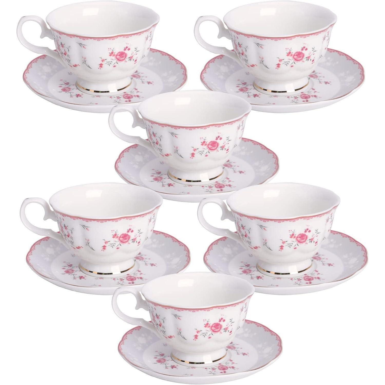 LuxusKollektion Teeservice Teetasse Set 6 Porzellan Goldrand Untertasse 150ml Rose Rosa Tassen, Keramik