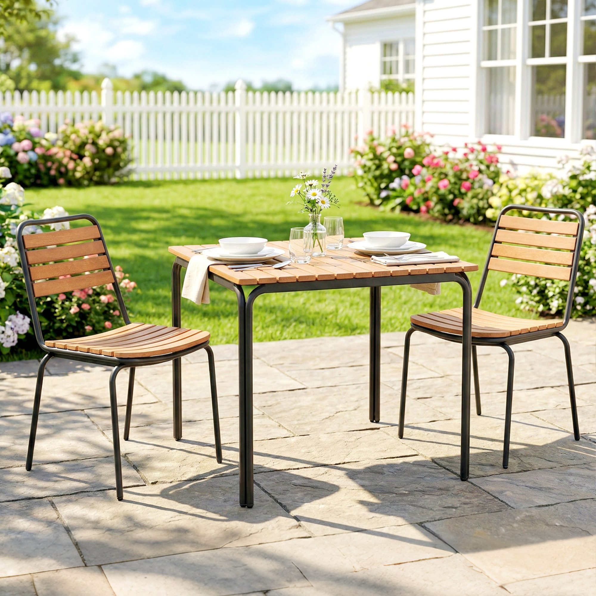 OKWISH Gartenstuhl Terrassenstuhl 2er Set Stahl Holz wetterfest Naturholz (Sitzmöbel für Balkon Garten und Terrasse bis 160kg, 2 St), Stapelbare Outdoor Stühle mit Rückenlehne und Armstützen