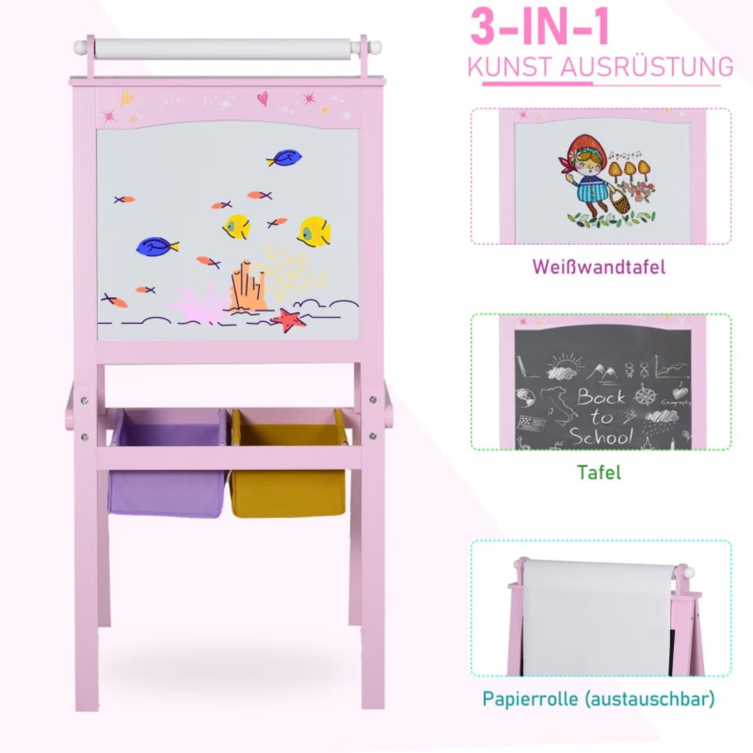 autolock Standtafel Kindertafel,3 in 1 Kunstausruestung,Staffelei für Kinder Rosa