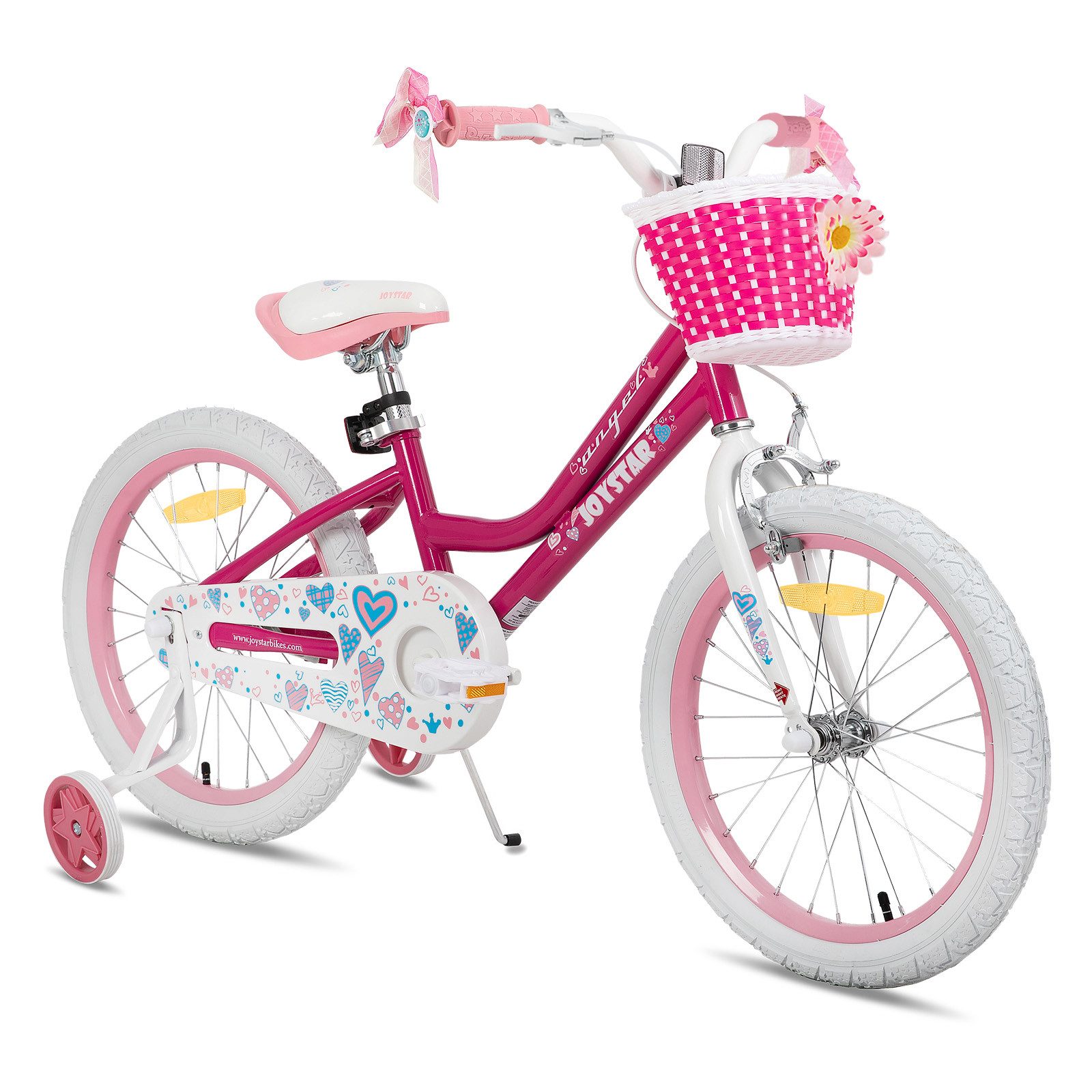 JOYSTAR Kinderfahrrad 12 14 16 18 Zoll Mädchenfahrrad, 2 - 9 Jahre,Geschenk für Prinzessin, 1 Gang, Mit Hilfsrädern, farbigen Bändern, Korb, Reflektor, Kettenabdeckung