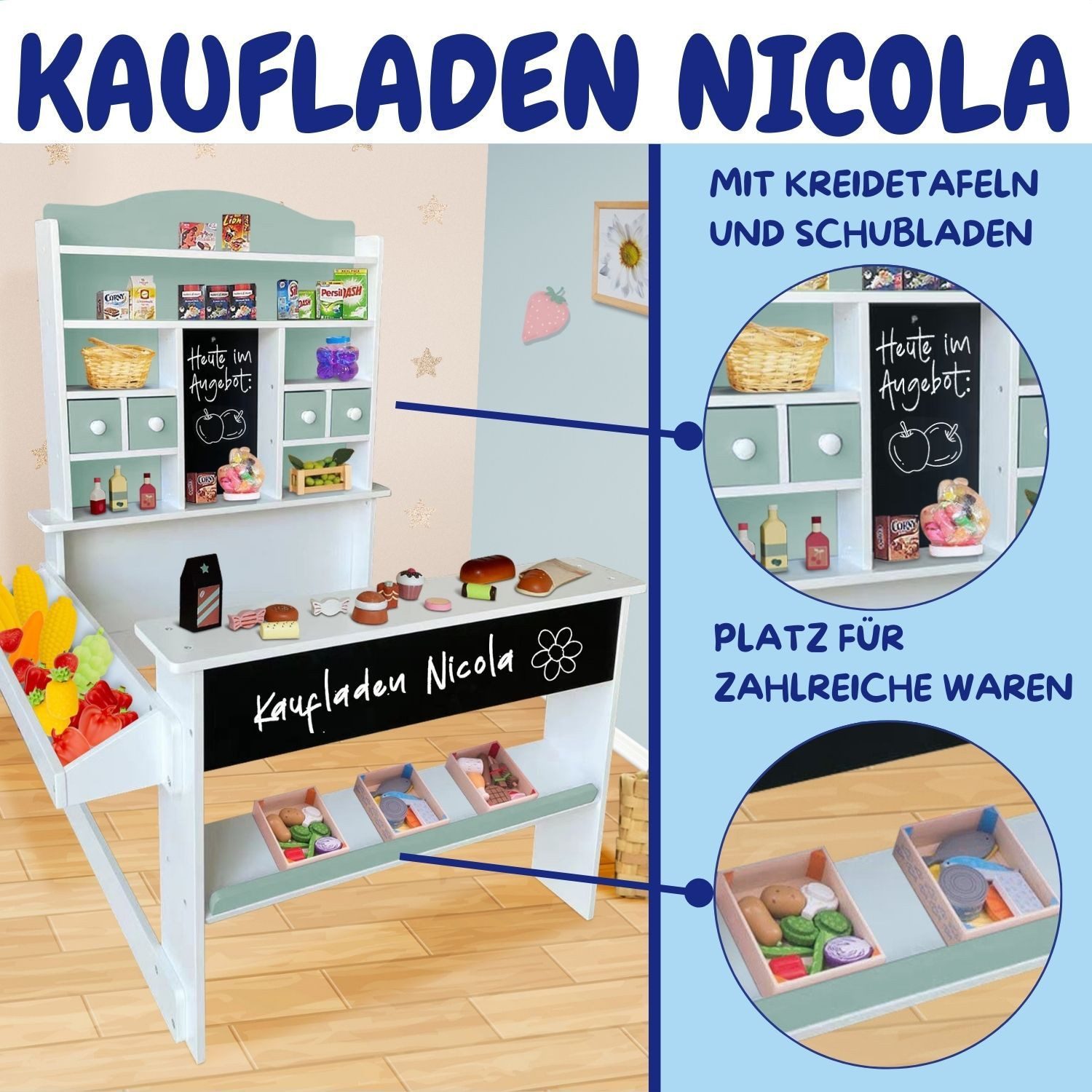 Coemo Kaufladen NICOLA, Grün Verkaufsstand Kaufmannsladen Holz mit Theke Kreidetafel Schublade