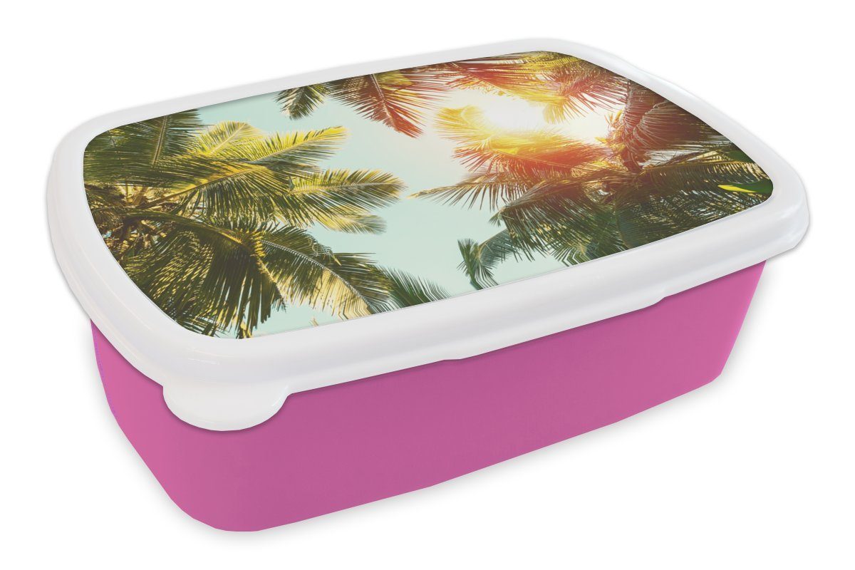 MuchoWow Lunchbox Palme - Sonne - Sommer, Kunststoff, (2-tlg), Brotbox für Erwachsene, Brotdose Kinder, Snackbox, Mädchen, Kunststoff rosa