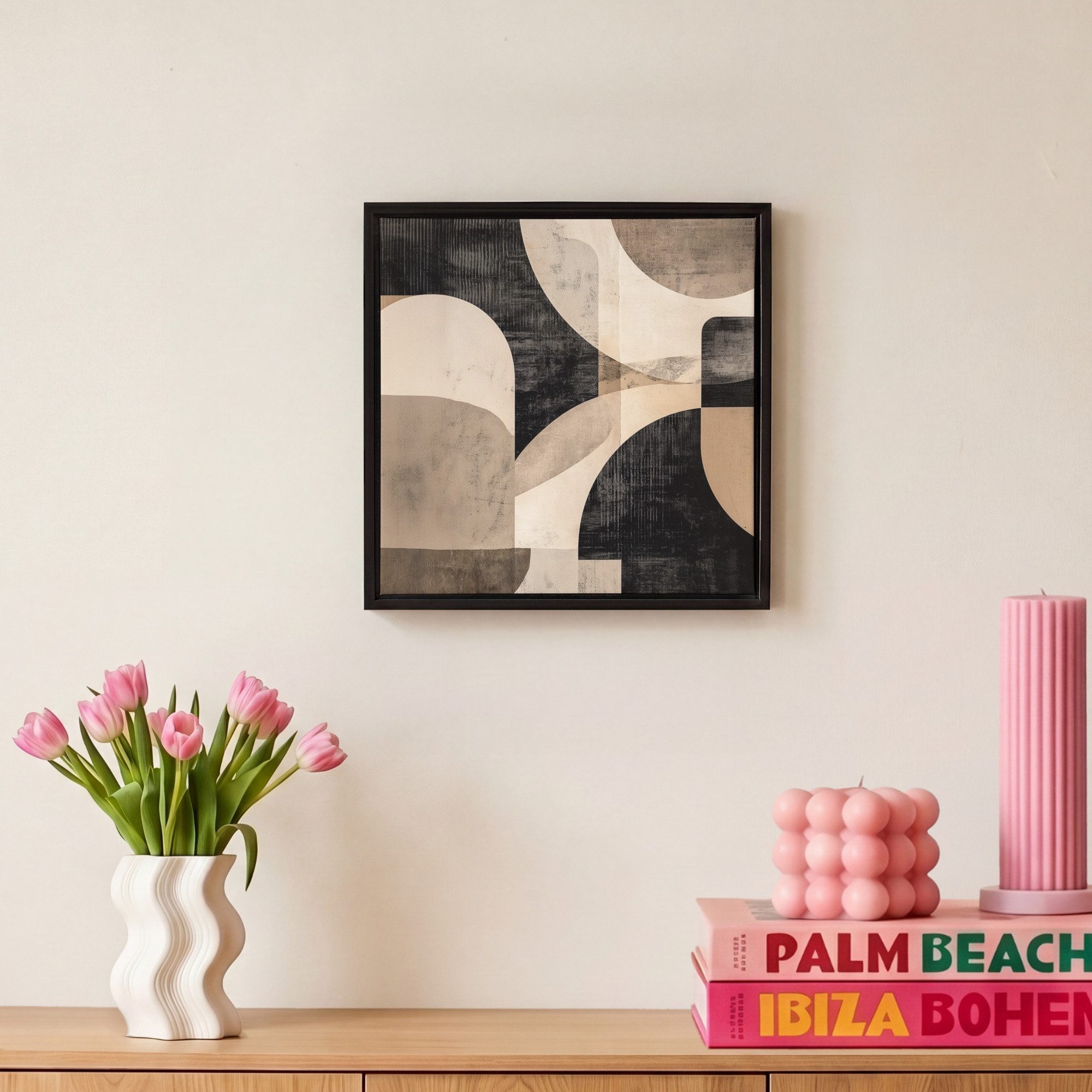 OneMillionCanvasses® Leinwandbild mit Rahmen - Abstrakt - Formen - Modern - Beige, Fotodruck (1 St), Leinwand Bilder Klein, Wand Dekoration Aesthetic 20x20cm – Bild 4 von 5