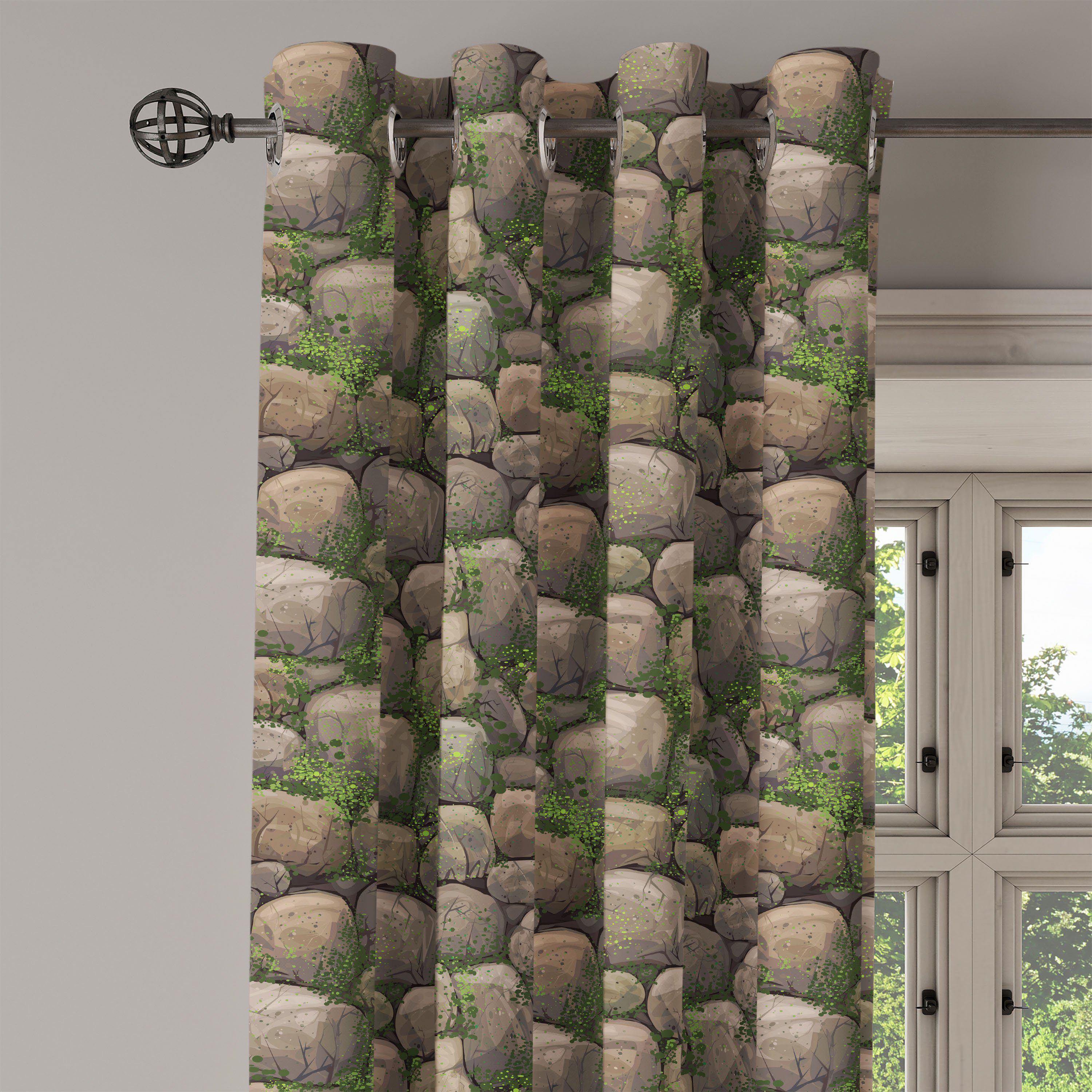 Dekorative Natur Schlafzimmer ​​mit Moos für Wohnzimmer, bedeckt 2-Panel-Fenstervorhänge Steine Gardine Abakuhaus,