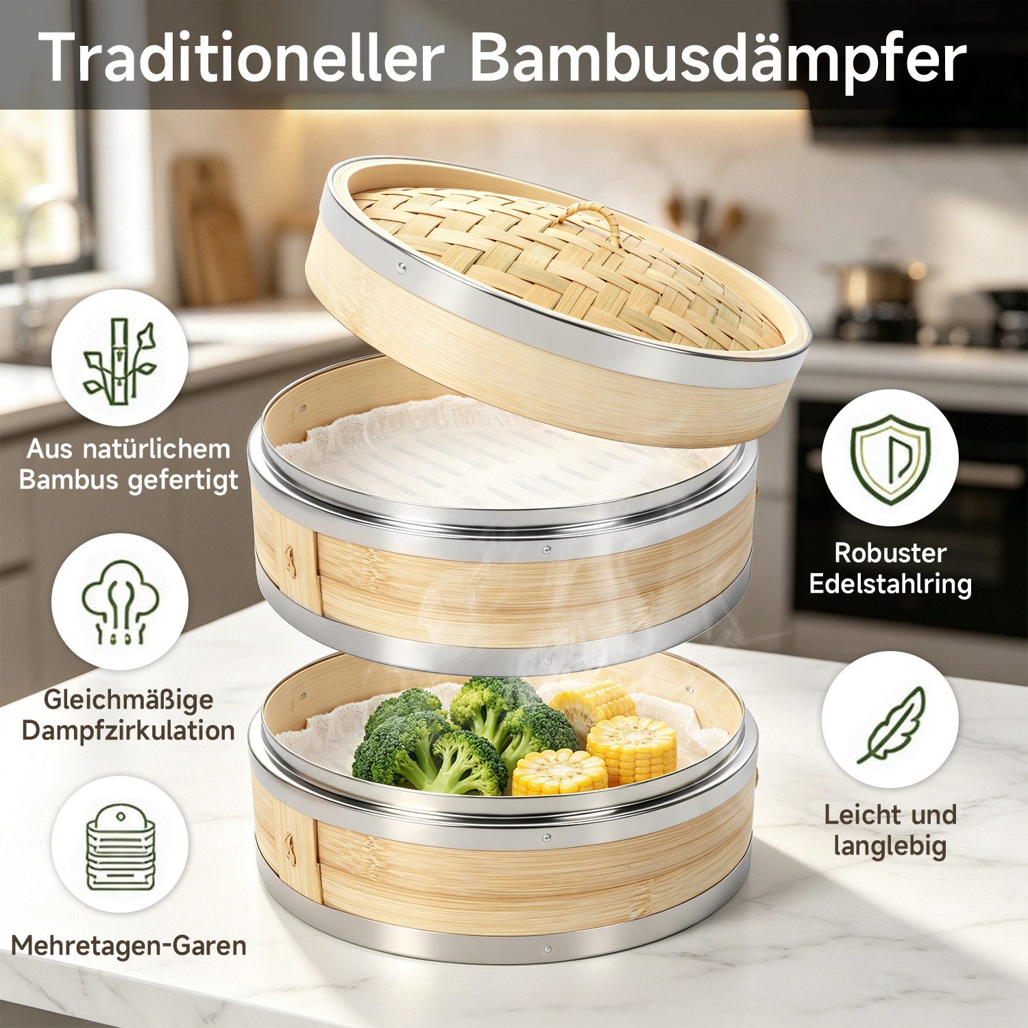 OSTWOLKE Dämpfeinsatz Bambusdämpfer Dampfgarer Reisdämpfer Dämpfaufsatz mit Deckel 2 Etagen – Bild 4 von 5